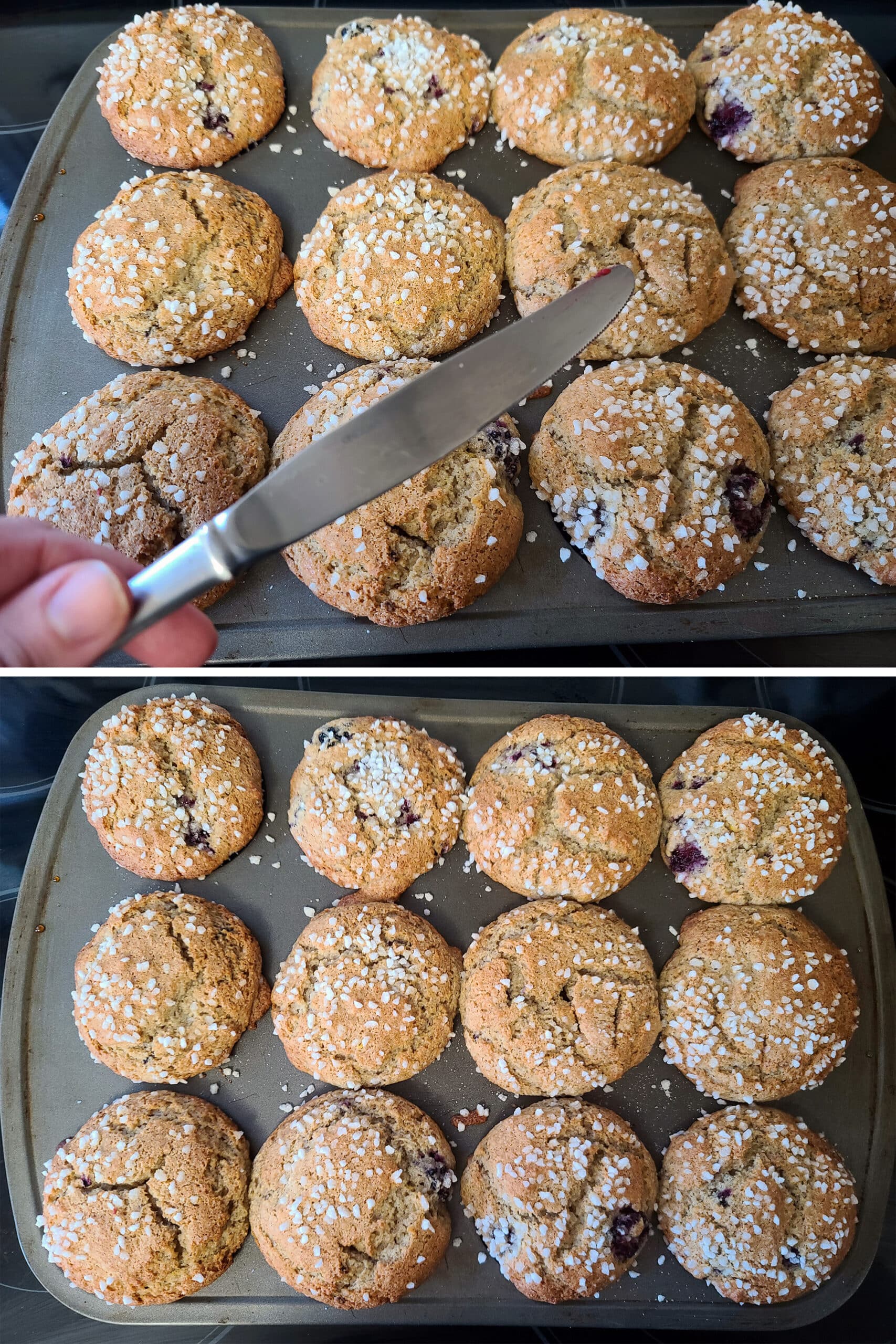 A 2 part image showing a clean butter knife being held over the pan of baked blackberry muffins.