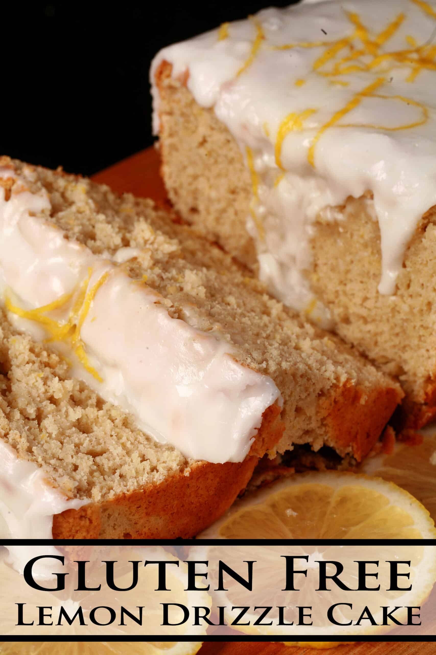 A sliced loaf of gluten-free lemon drizzle cake, with white glaze and lemon zest on top.