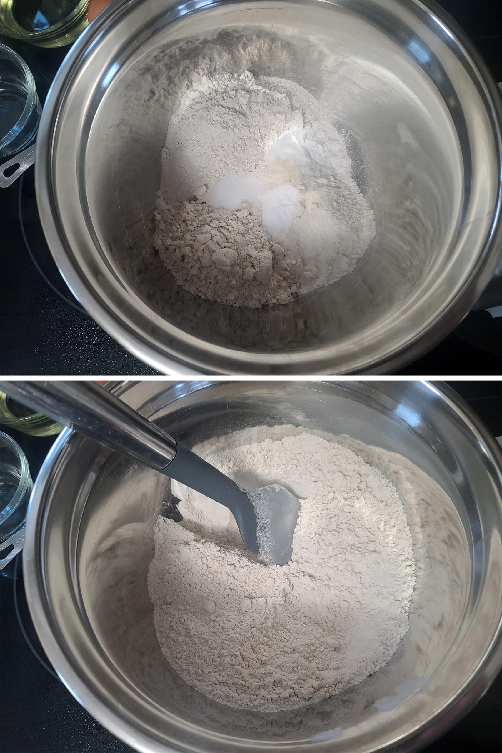 A 2 part image showing the dry ingredients being mixed in a bowl.