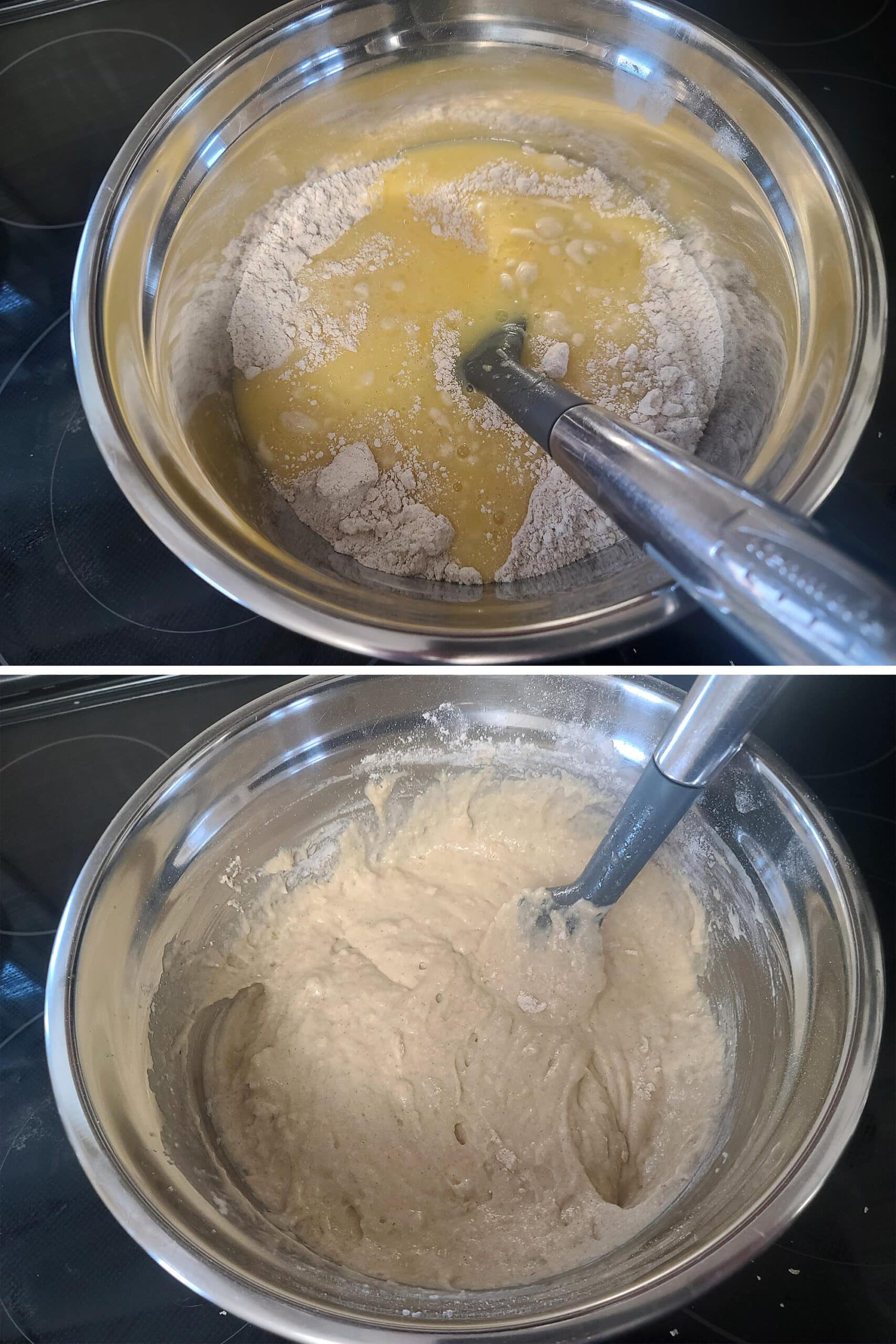A 2 part image showing the wet ingredients and dry ingredients being mixed together.