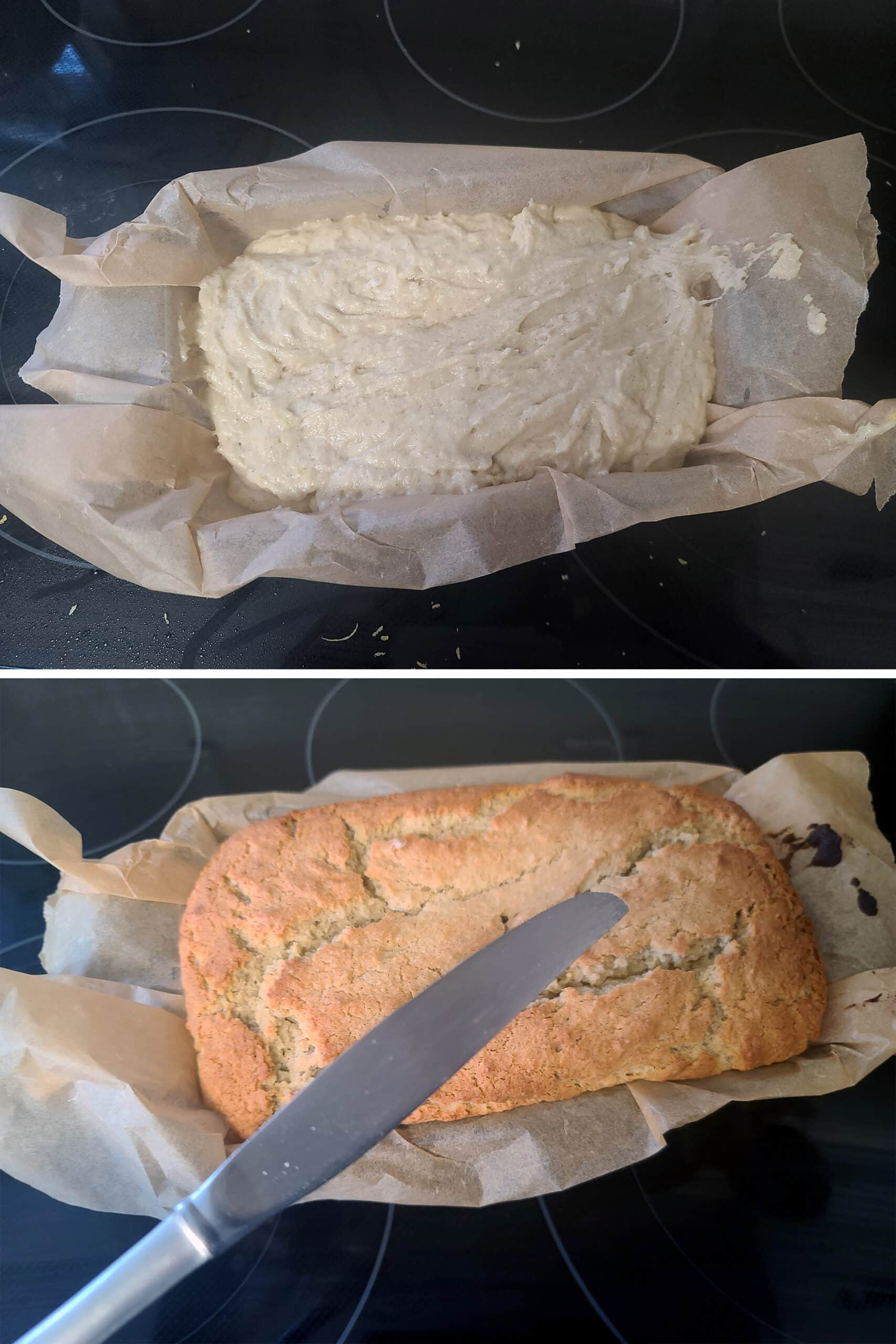 A 2 part image showing the batter in the prepared pan, before and after baking.