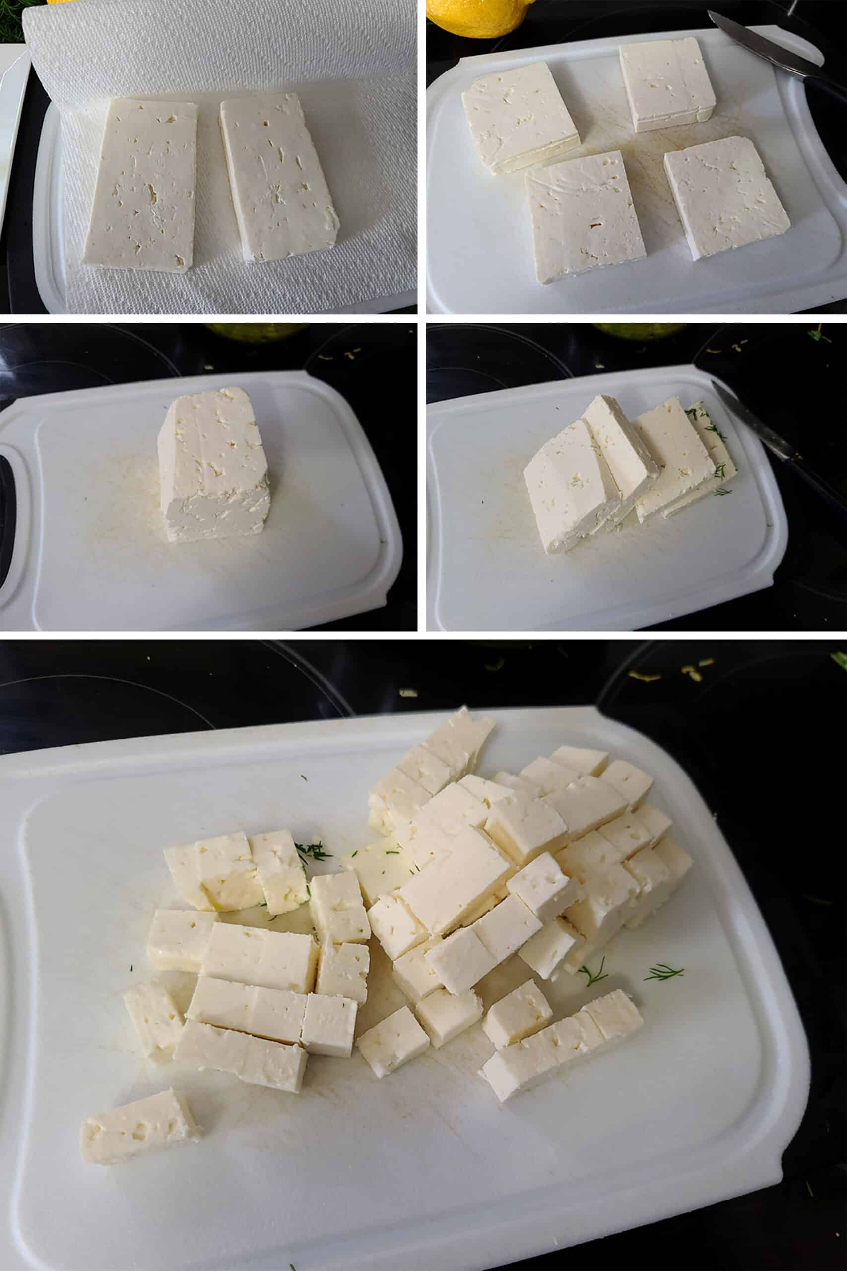 A 5 part image showing a brick of feta cheese being sliced into thin squares, and cut into small cubes.