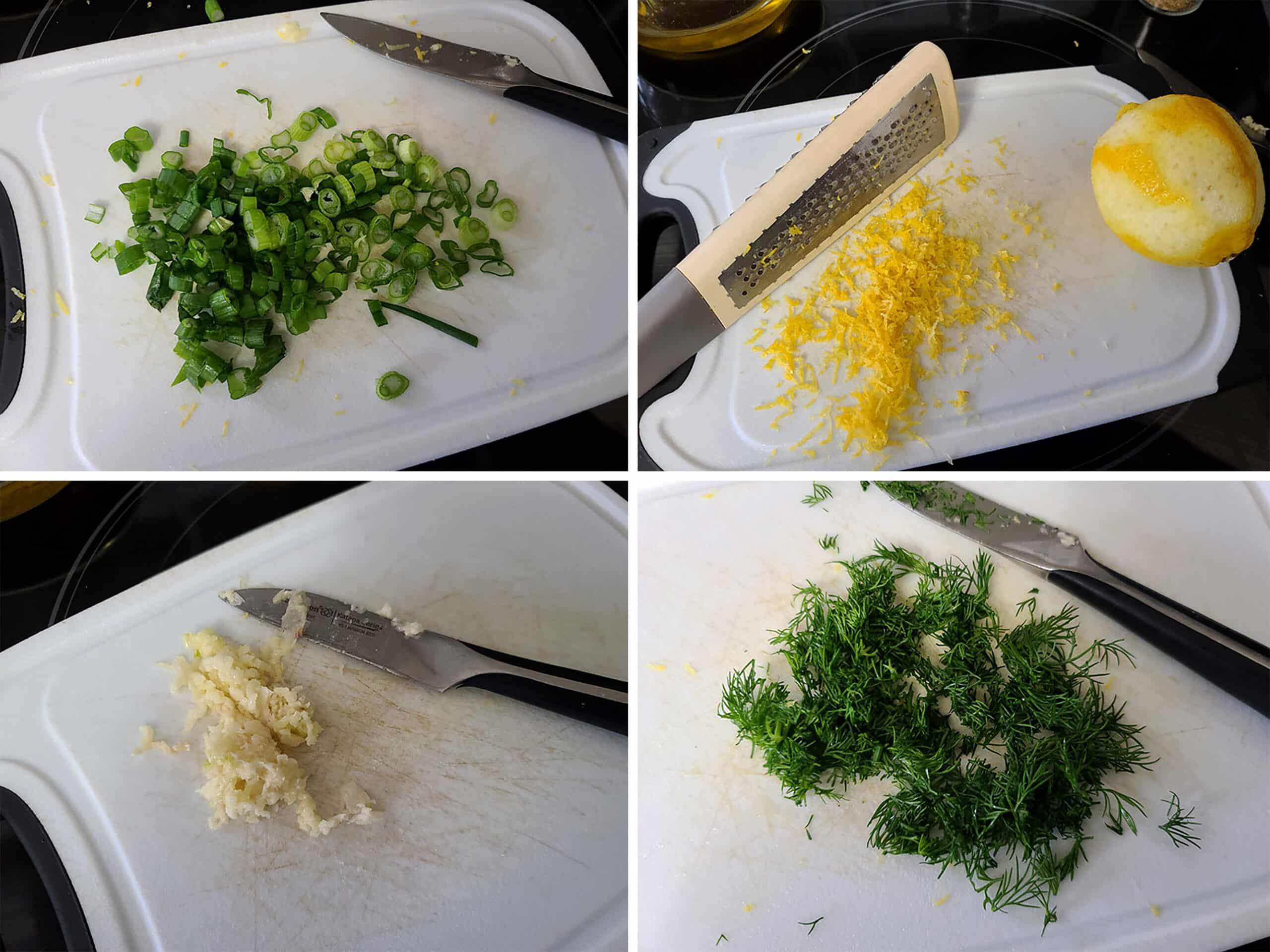 A 5 part image showing the lemon zest, garlic, and fresh herbs being prepared.
