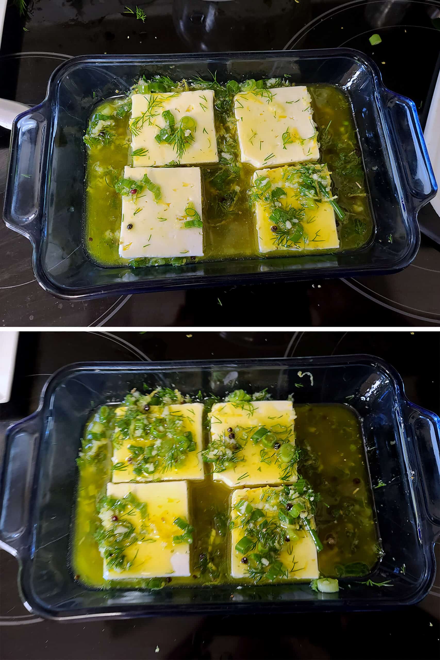 A 2 part image showing square slabs of feta in the marinade.
