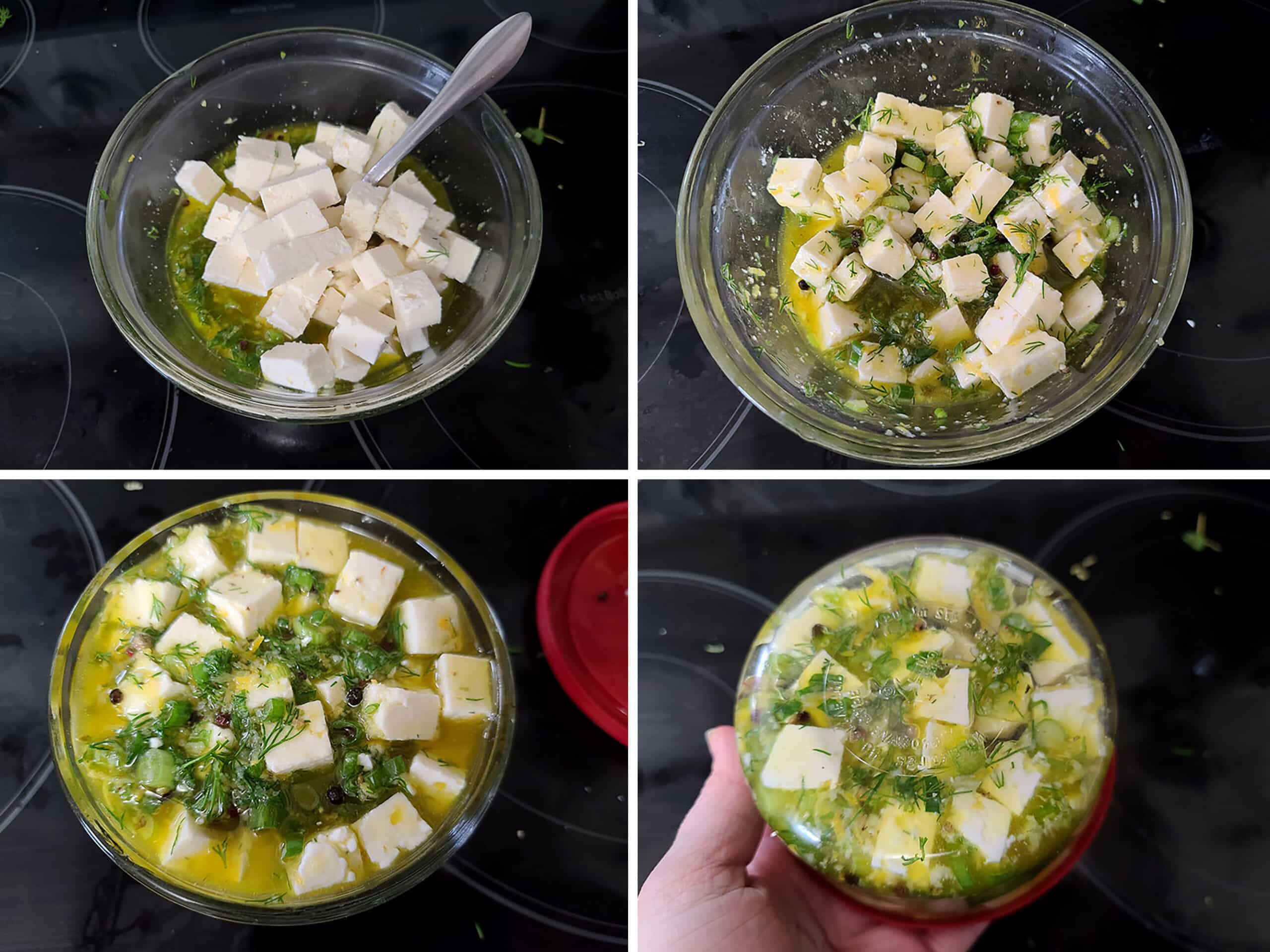 A 2 part image showing small cubes of feta in the marinade.