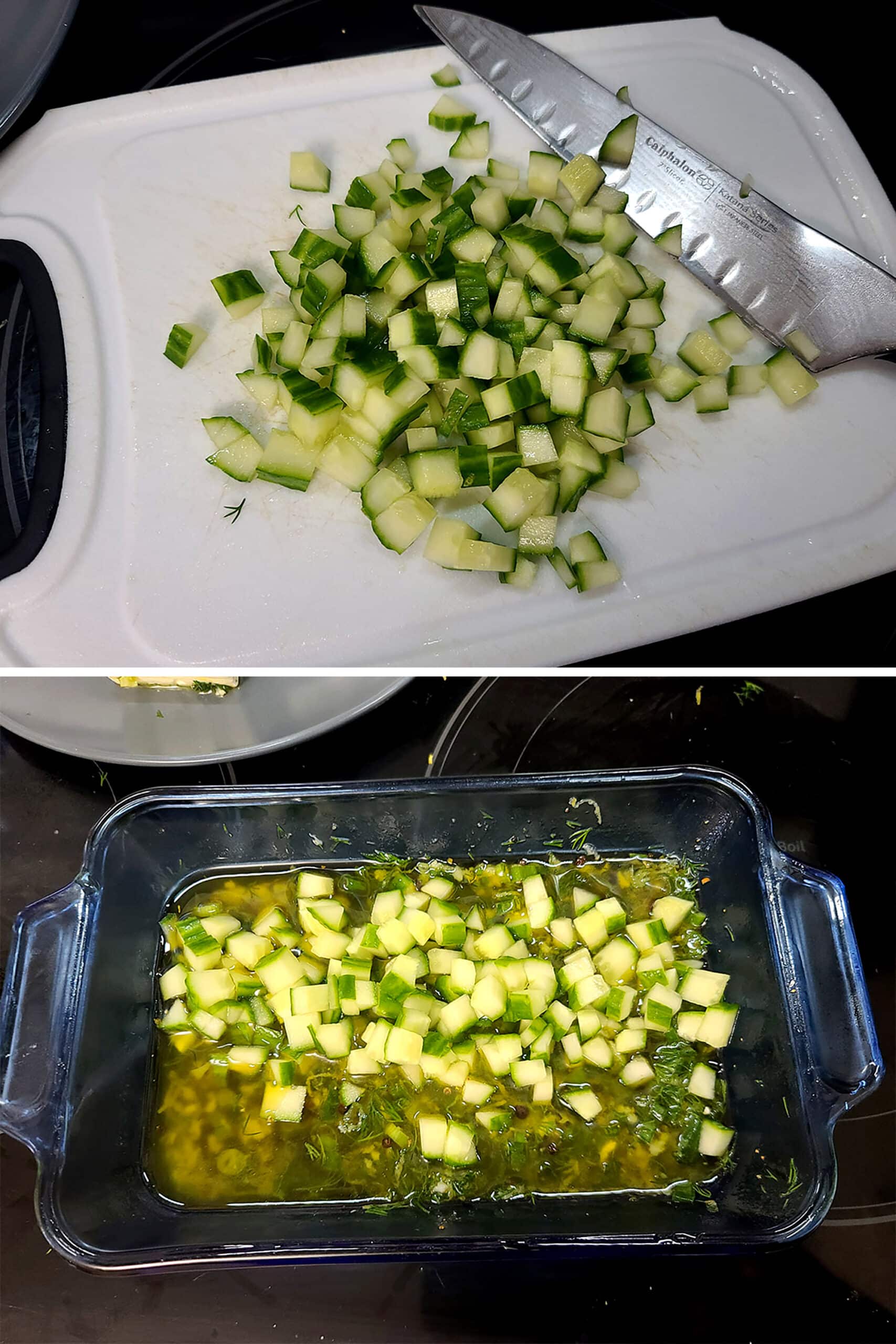 A 2 part image showing an English cucumber being finely chopped, then added to the marinade.