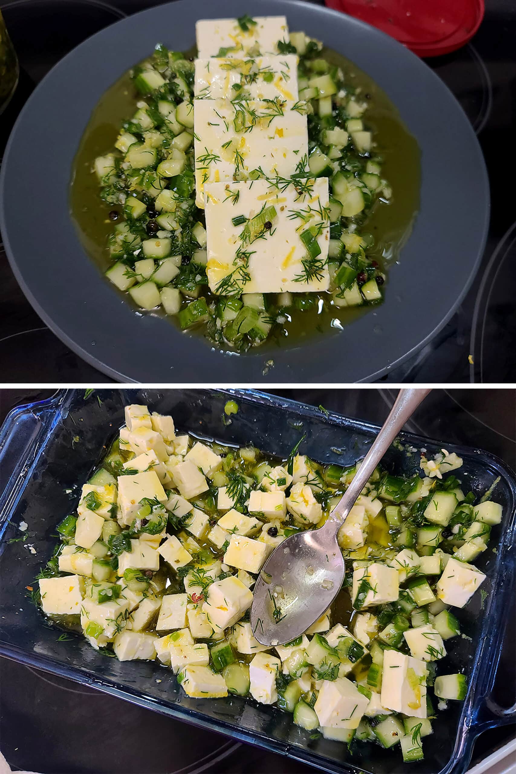 A 2 part image showing slices of marinated feta on a plate, surrounded with cucumber, and marinated feta cubes in a bowl.