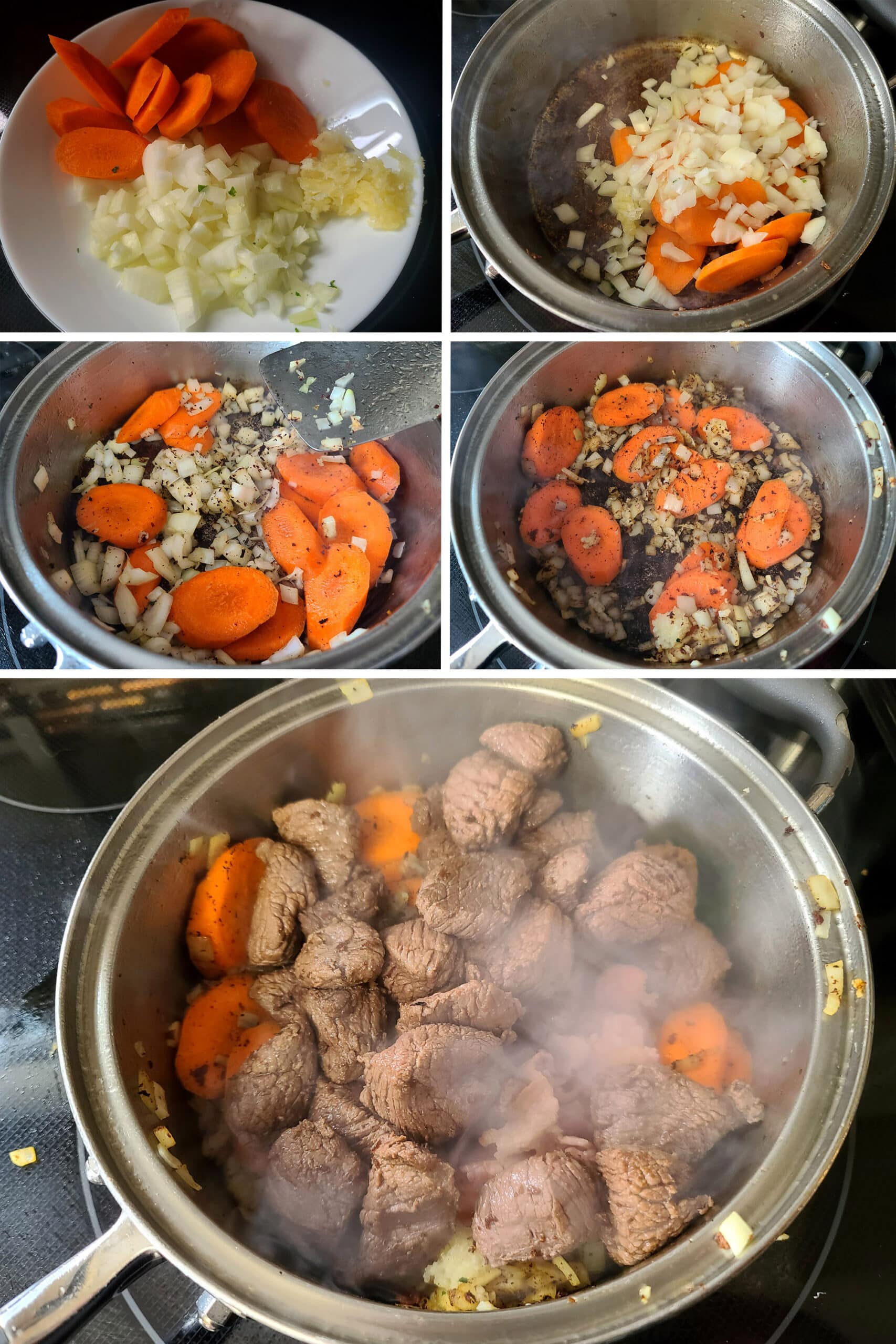 A 5 part image showing the vegetables being cooked in the pot and the meats being added back to the pot.