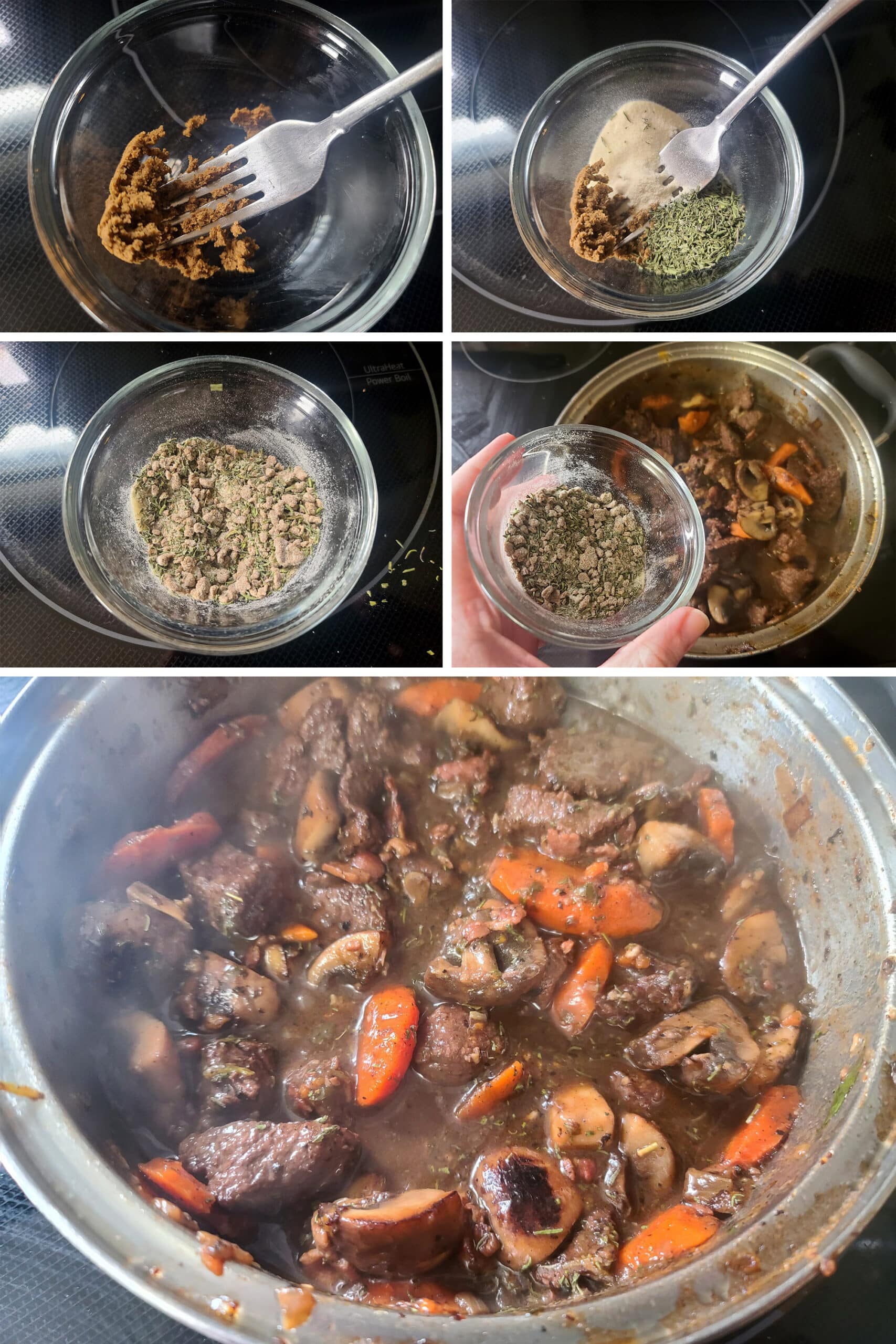 A 5 part image showing the bouillon, gelatin, xanthan gum, and savoury being mixed together and stirred into the stew.