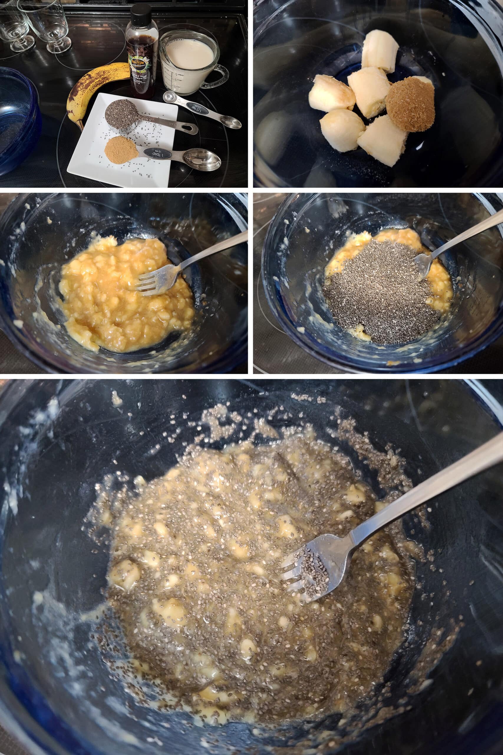 A 5 part image showing the bananas being mashed with brown sugar, then the chia seeds being mixed in.
