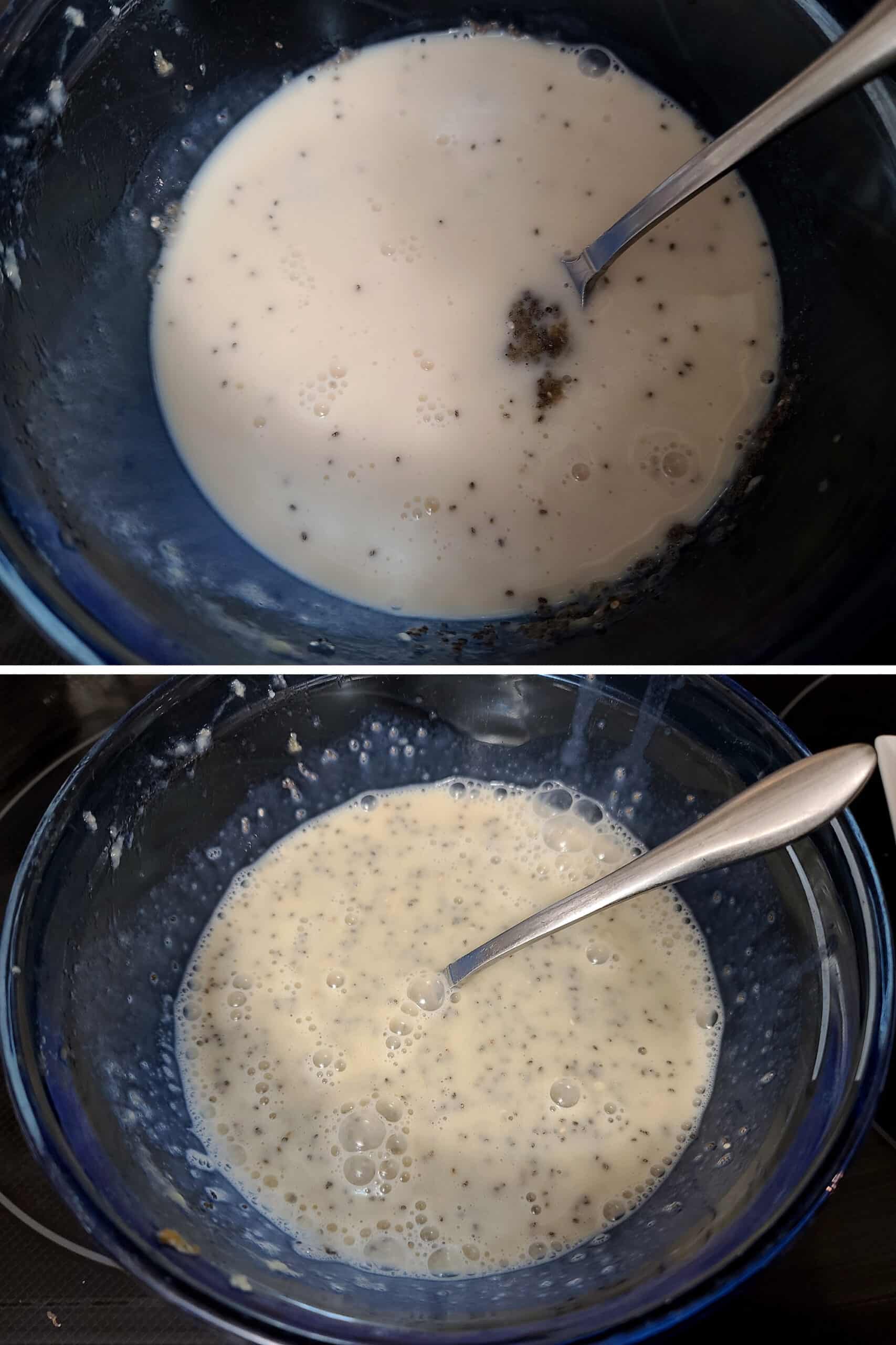 A 2 part image showing the milk being added to the bowl and mixed in.