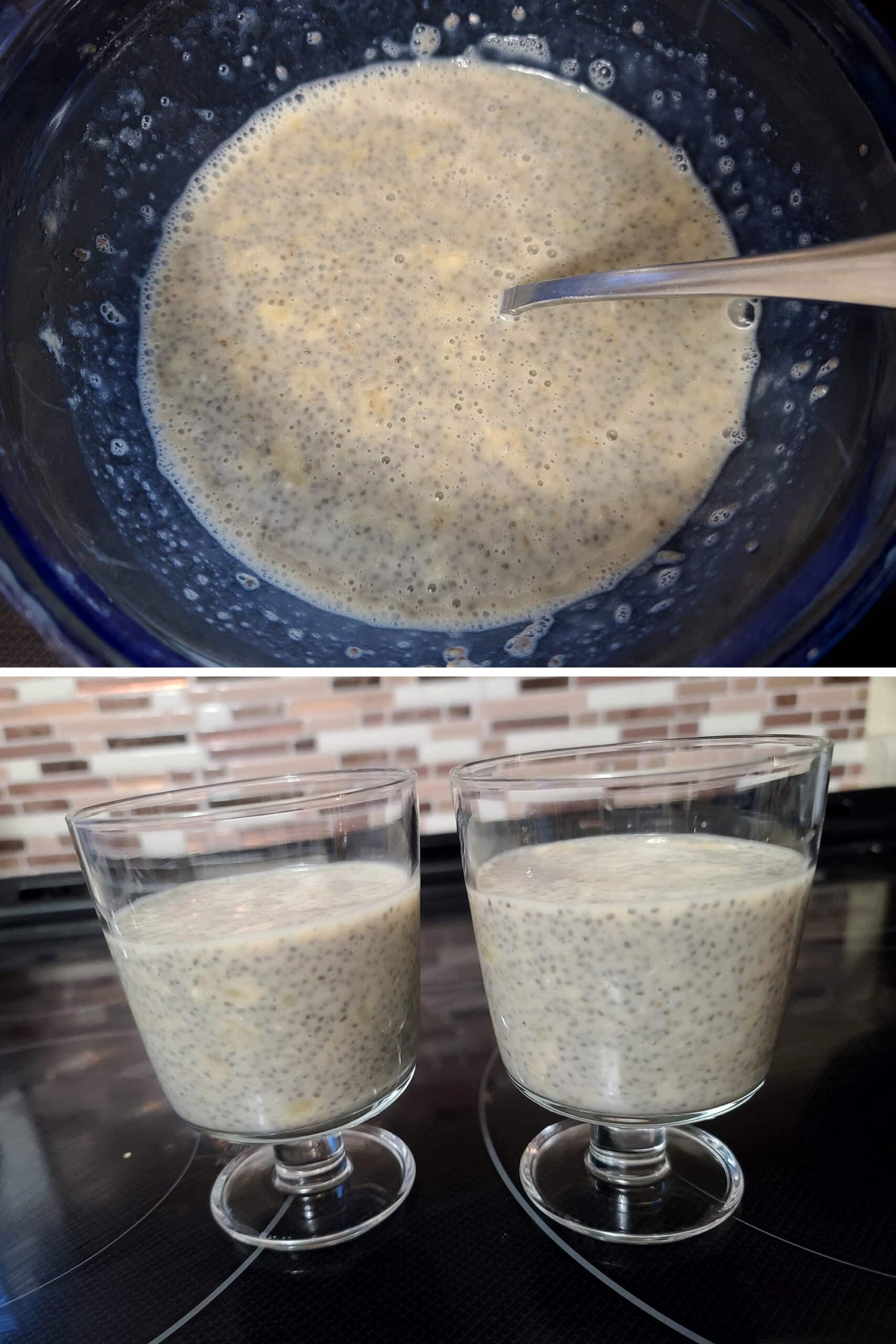 A 2 part image showing a bowl of thickened banana chia pudding, then the pudding in 2 stemmed serving glasses.