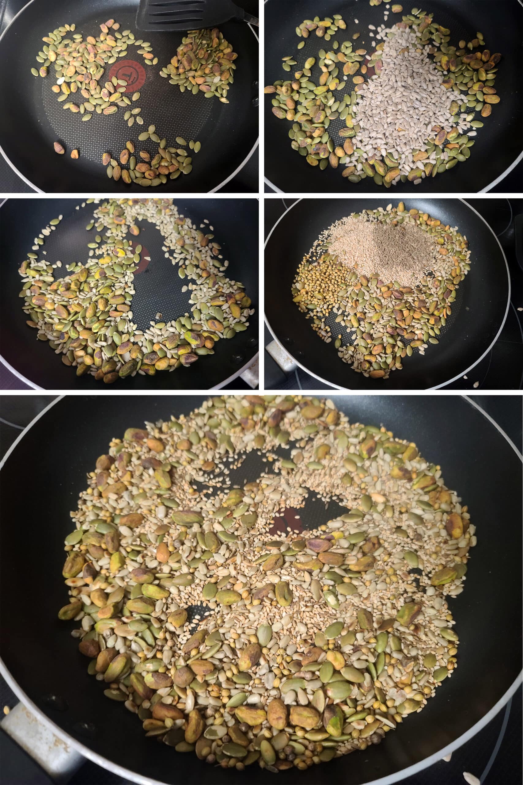 A 5 part image showing the various seeds being toasted in a pan, in steps.