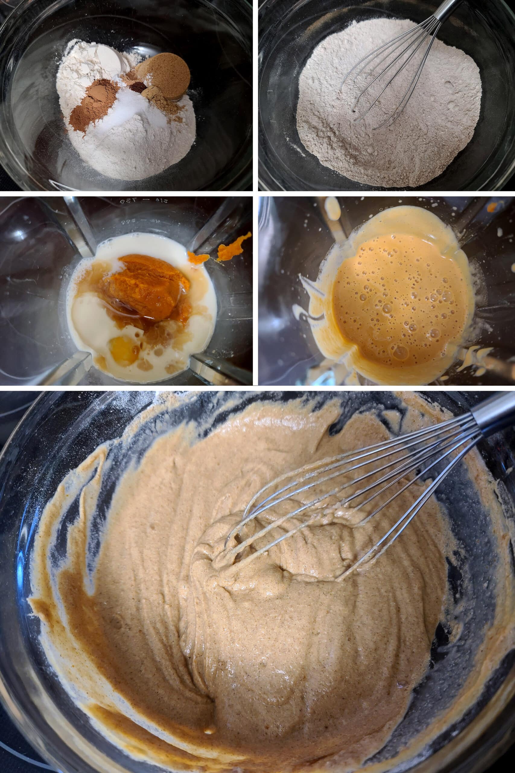 A 5 part image showing the gluten free pumpkin pancake batter being mixed together.