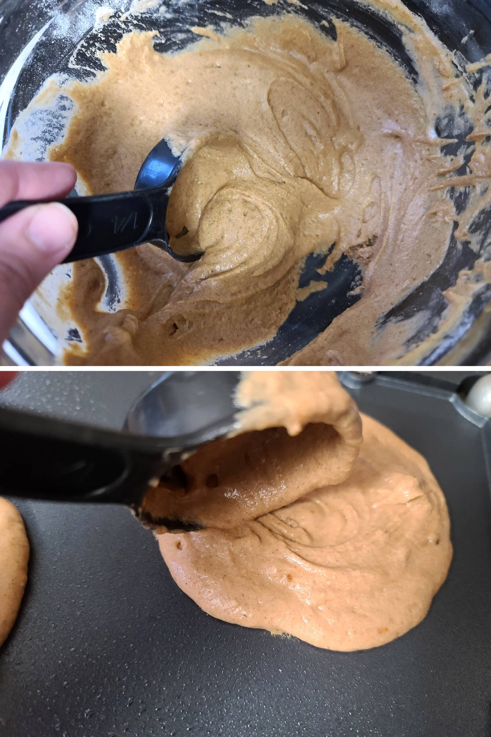 A 2 part image showing a quarter cup measure being used to scoop gluten free pancake batter onto a griddle.