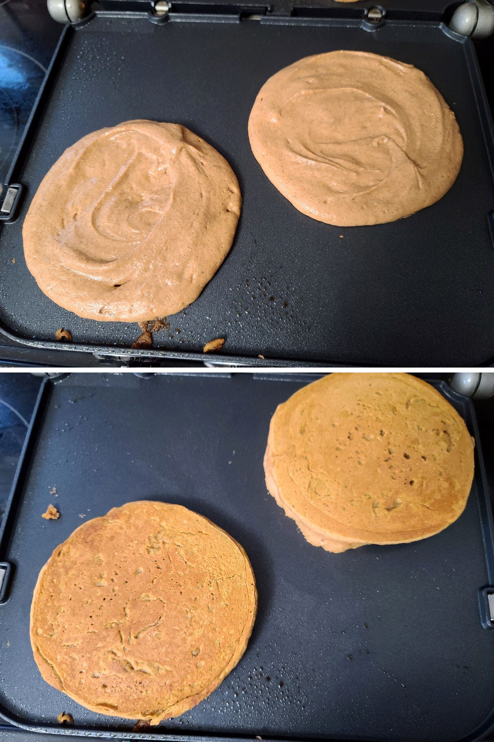 A 2 part image showing pumpkin pancakes cooking on a Griddler, before and after being flipped.