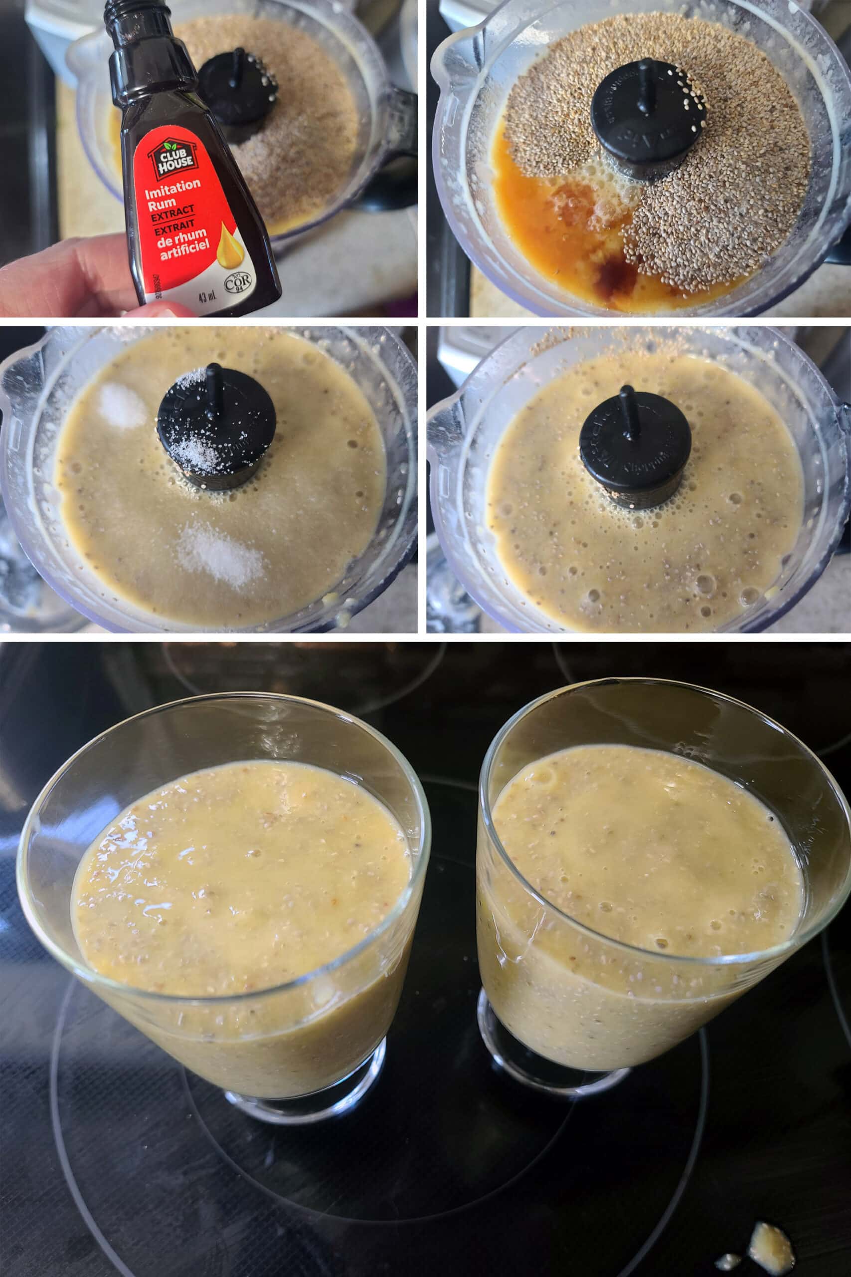 A 5 part image showing rum extract being added to the pureed mango, along with chia seeds, blended, and poured into glasses.