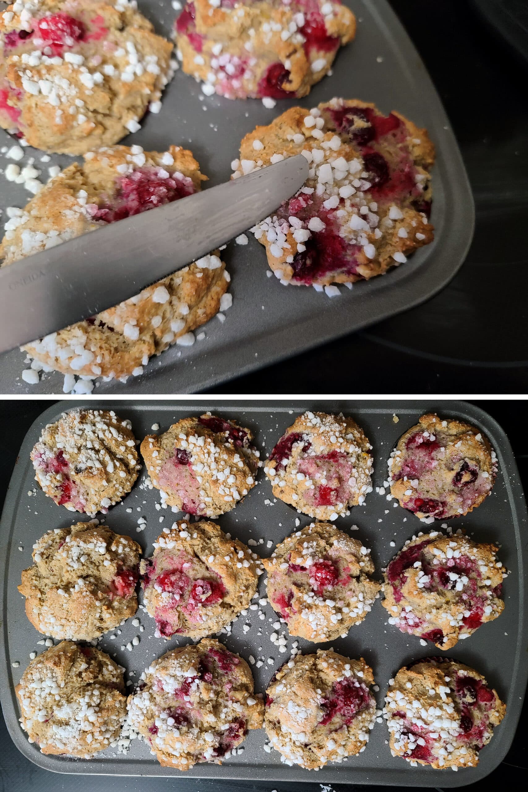 2 part image showing a clean butter knife held above a pan of cranberry muffins, and the finished pan of gluten free cranberry walnut muffins.