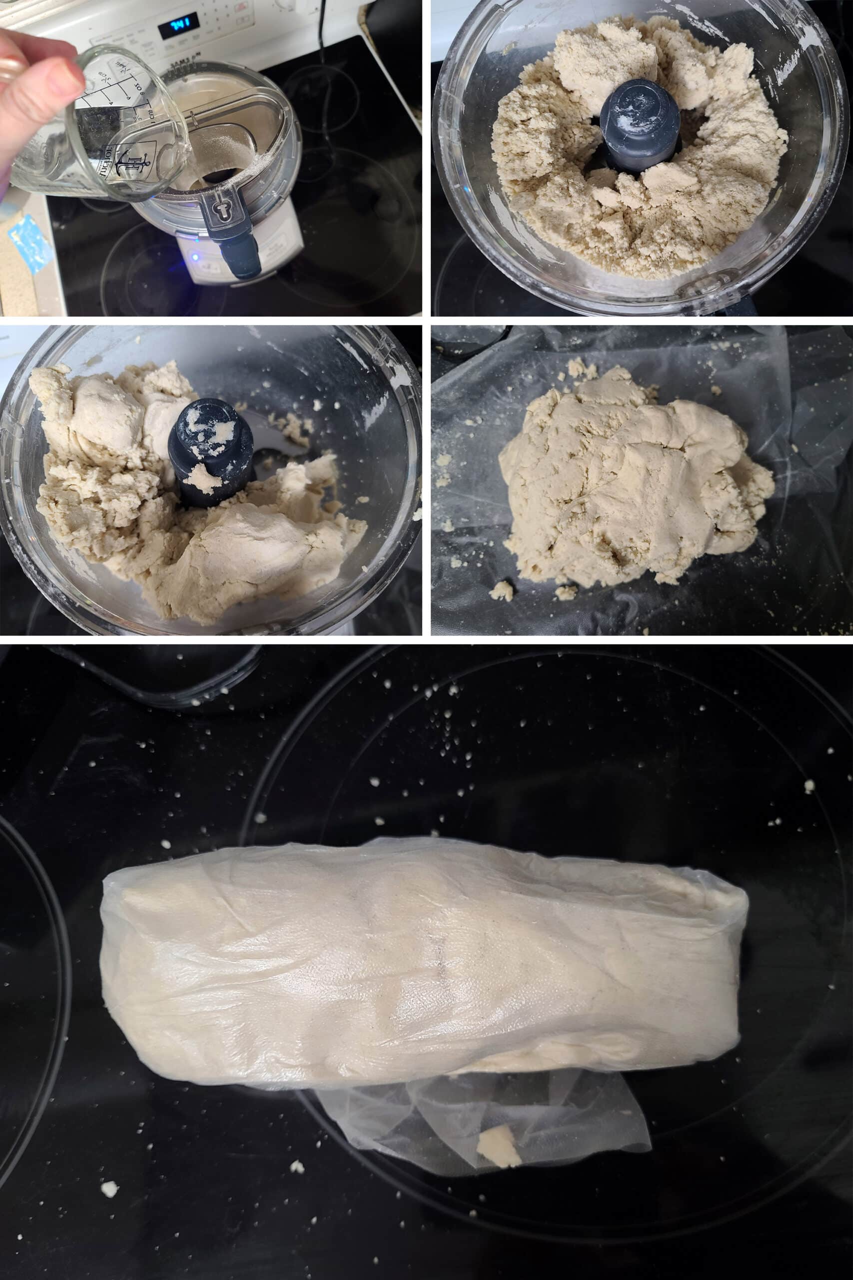 5 part image showing the water being added to the food processor and the dough coming together, balled together, and wrapped in plastic.