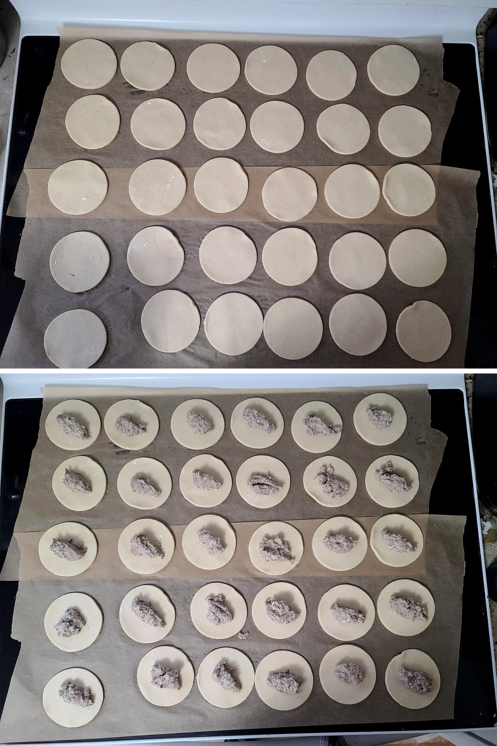 2 part image showing the dough balls laid out and topped with mushroom filling.