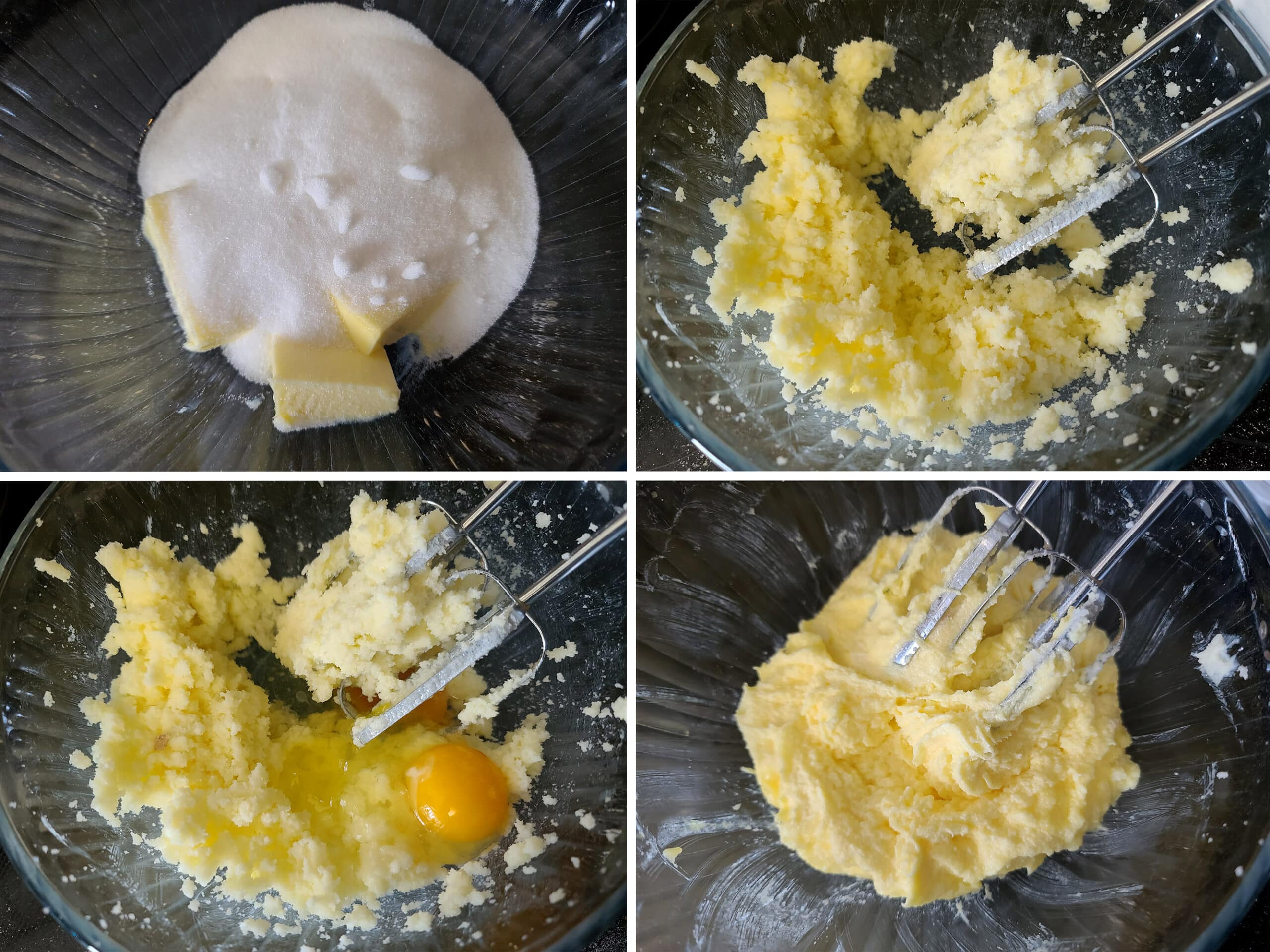 4 part image showing the butter and sugar being creamed, then eggs and vanilla beaten in.