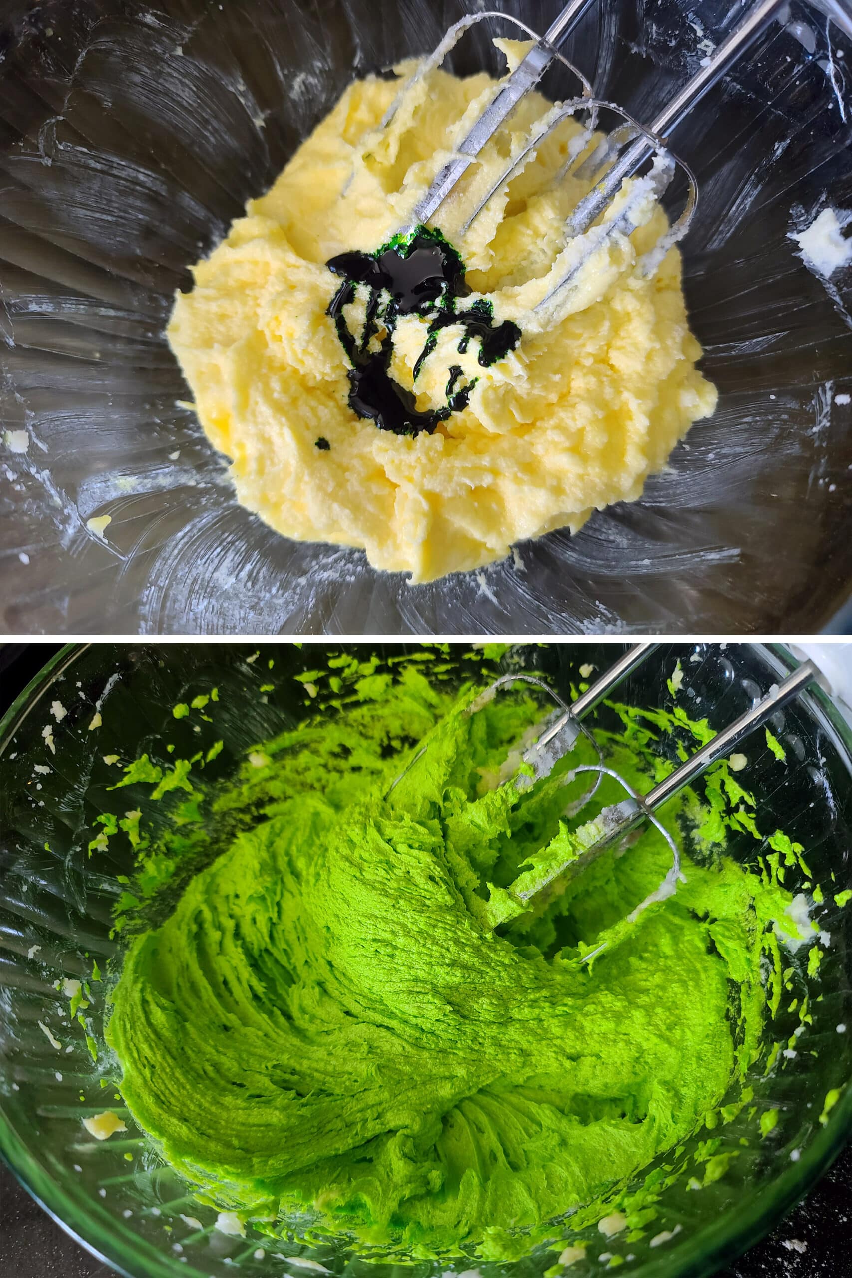 2 part image showing green gel food colouring being used to tint the gluten-free cookie dough bright green.