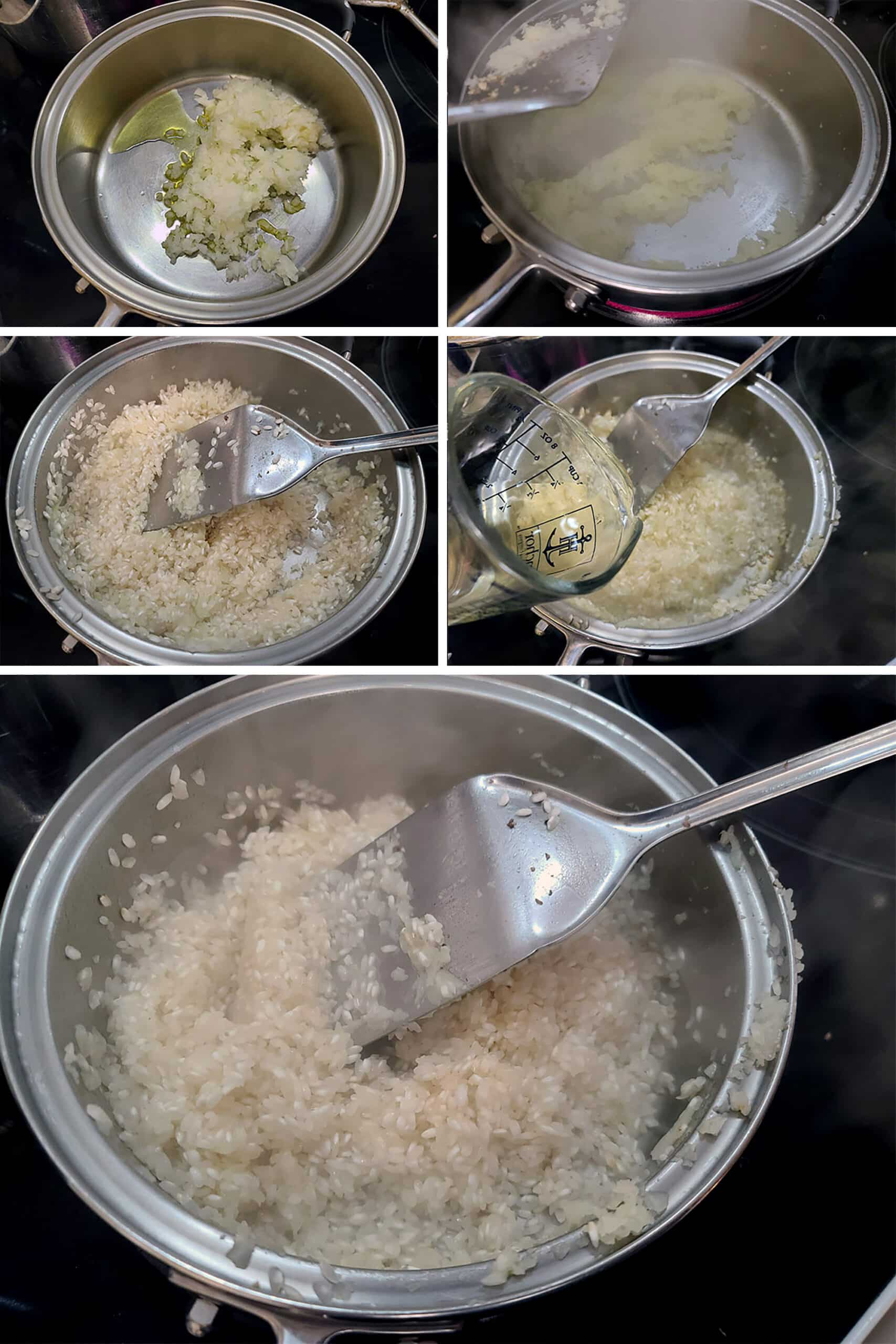 5 part image showing the onions and garlic being sauteed, the rice added, and white wine being poured in.