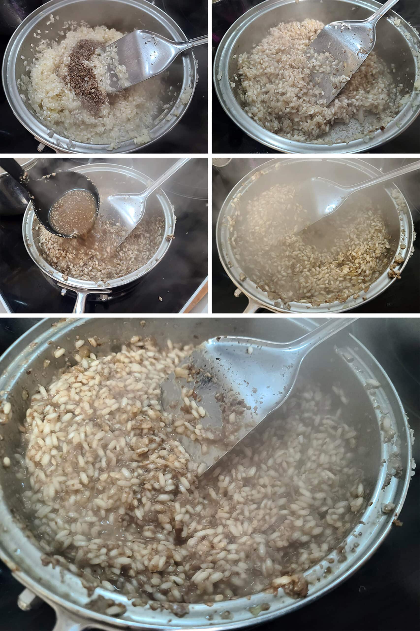 5 part image showing a couple rounds of ladles of soup being added to the pan of rice and stirred in til absorbed.