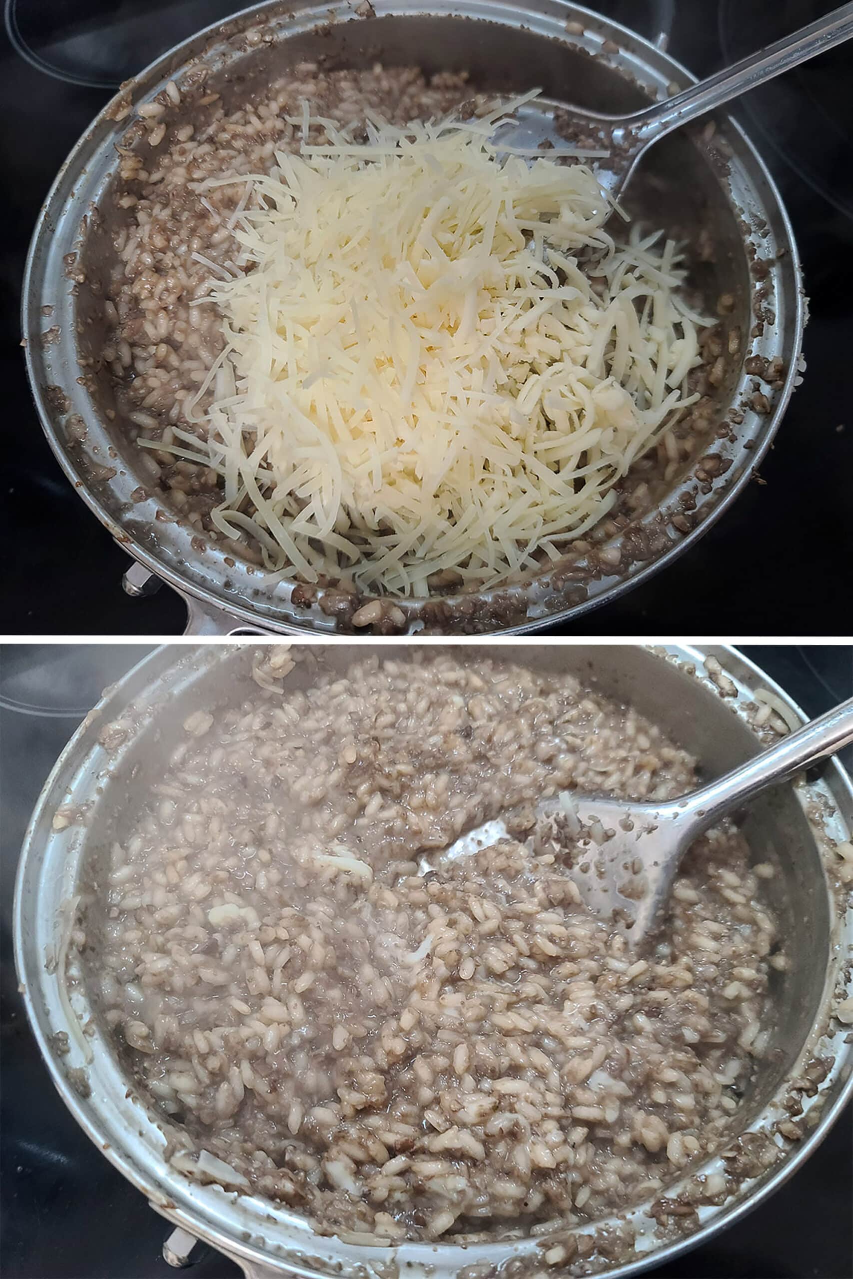 2 part image showing the cheese being stirred into the mushroom risotto.