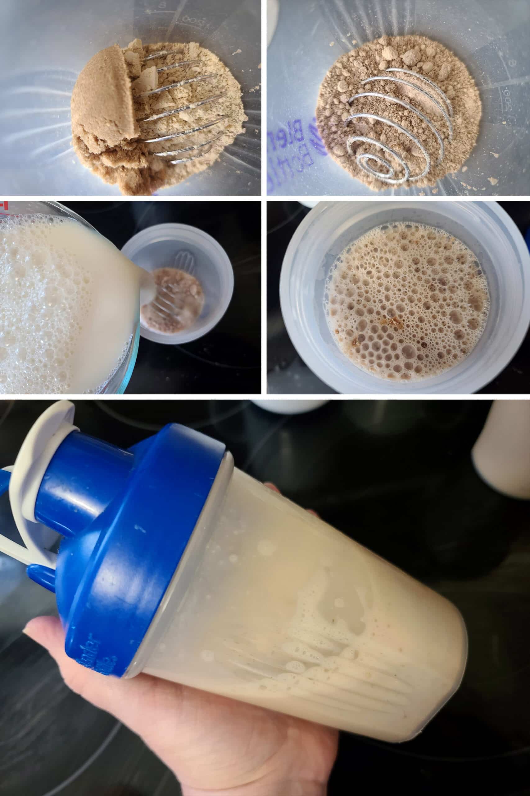 5 part image showing peanut butter cup hot chocolate being mixed in a shaker.