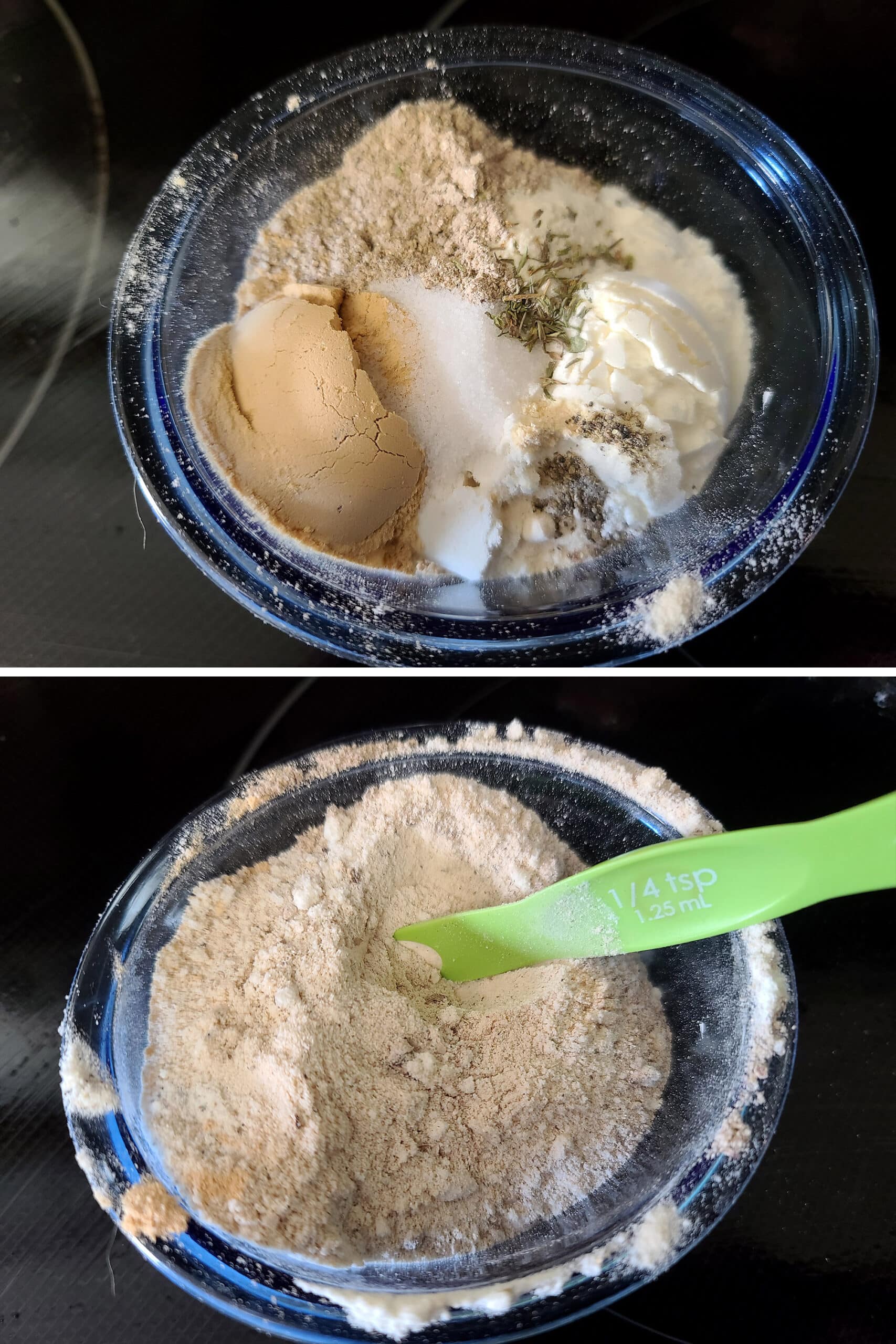 2 part image showing the dry ingredients being mixed in a small bowl.