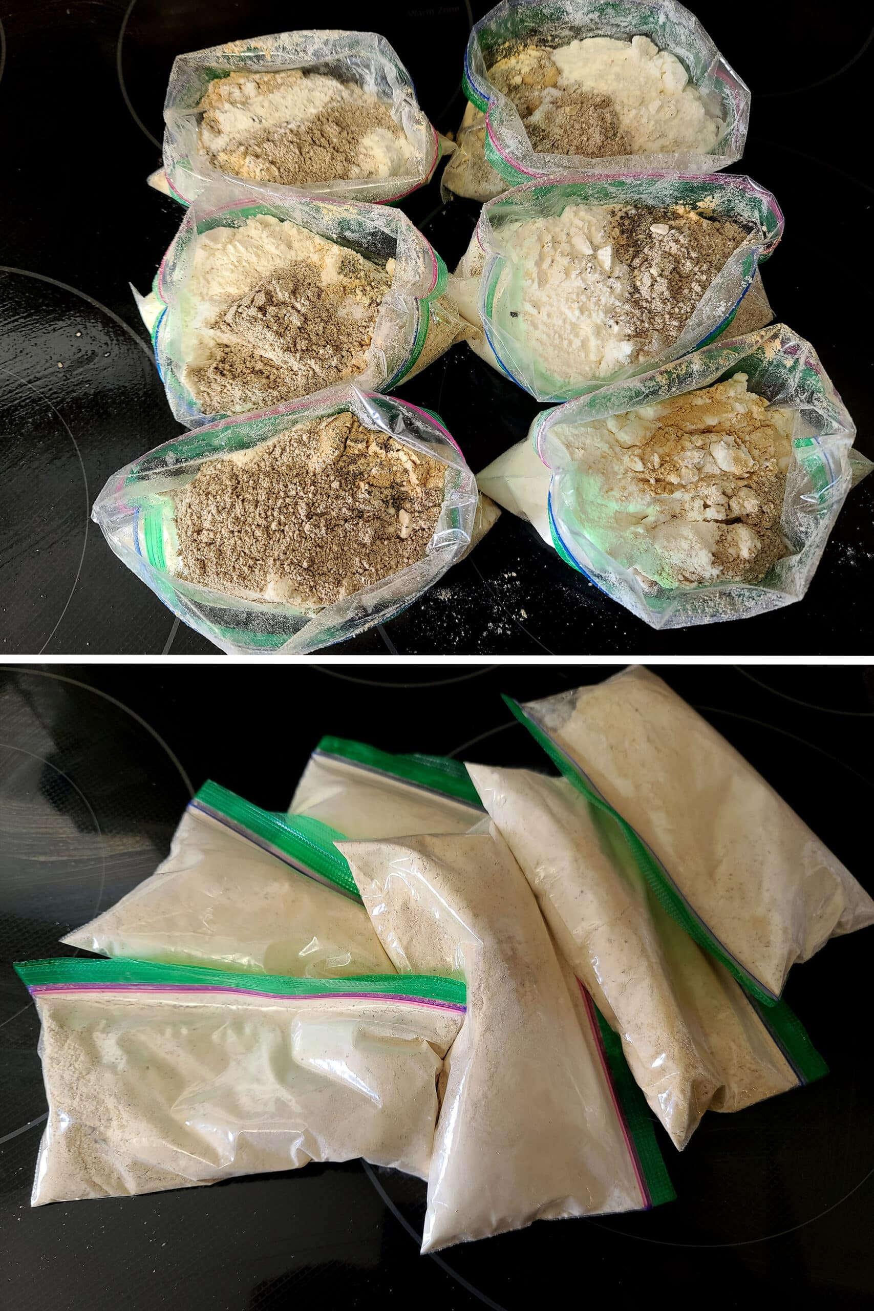 2 part image showing baggies with measured soup mix ingredients before and after being mixed and sealed.