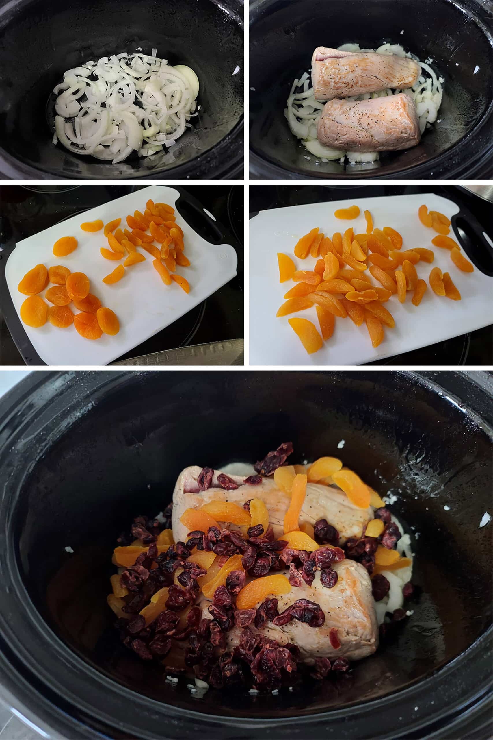 5 part image showing the pork loin being arranged over onion slices in a slow cooker, then the dried apricots being sliced and added on top.