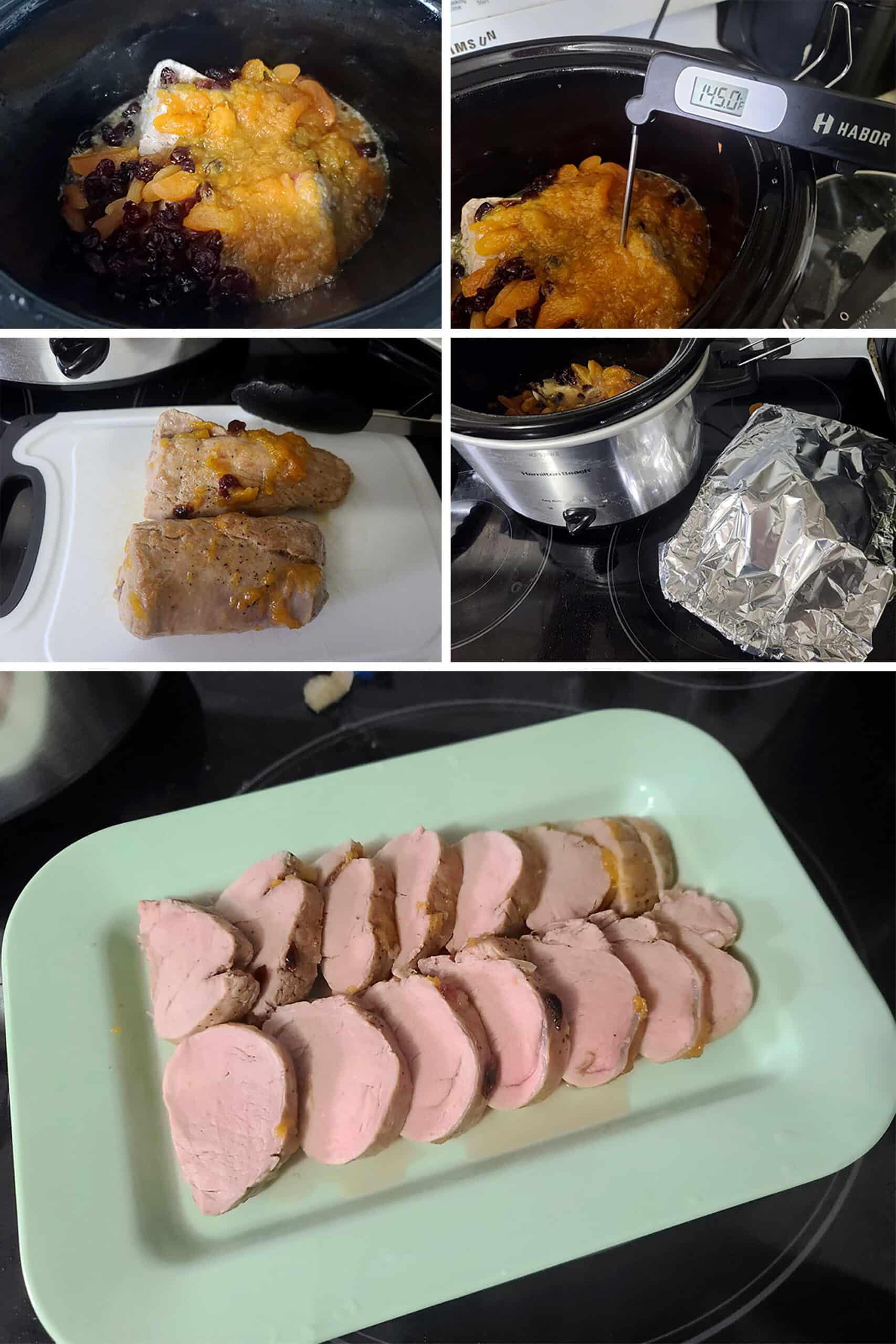 5 part image showing a temperature probe in the tenderloin, then the pork removed from the slow cooker, covered in foil, and finally sliced on a plate.