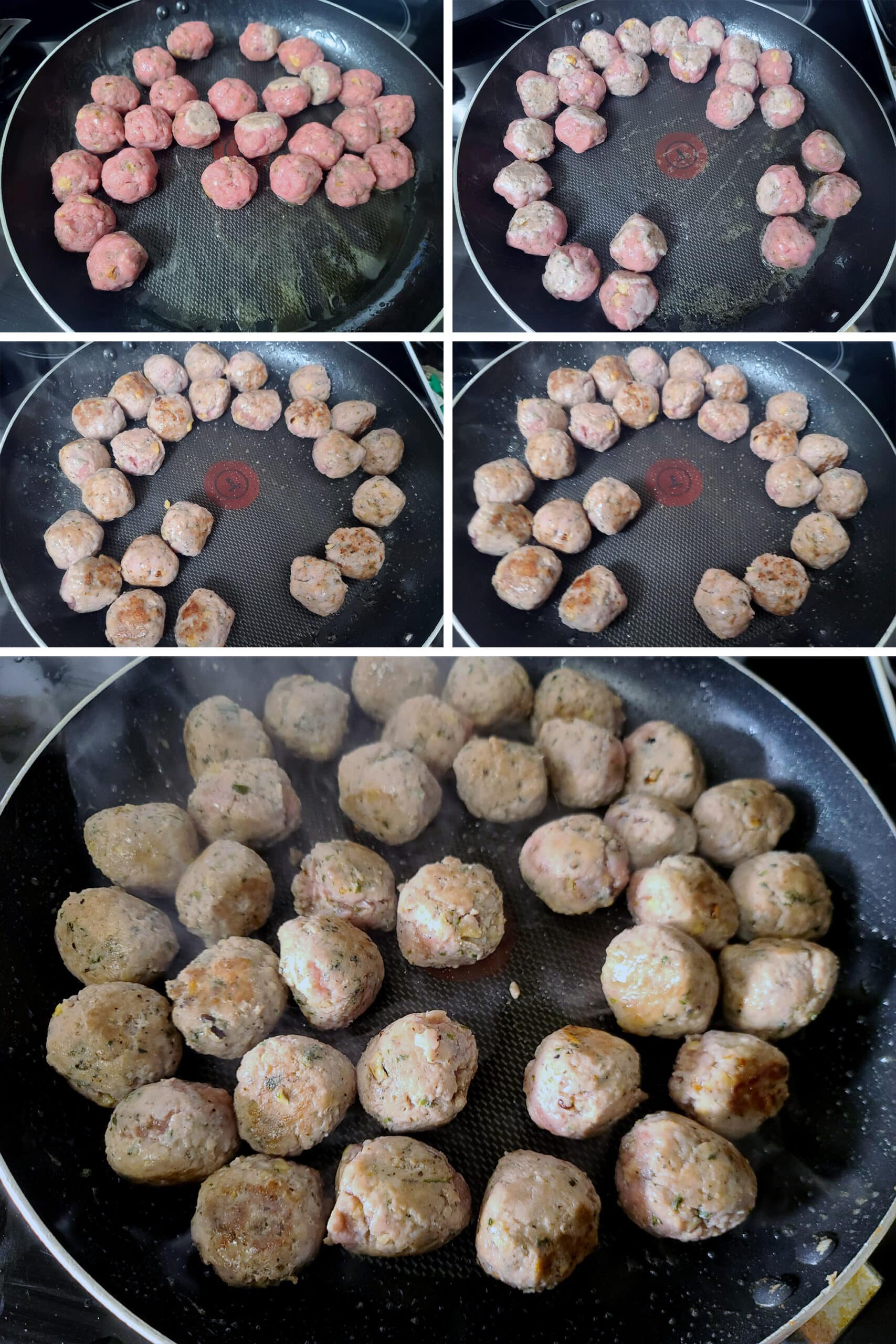 5 part image showing the meatballs browning in a large pan.