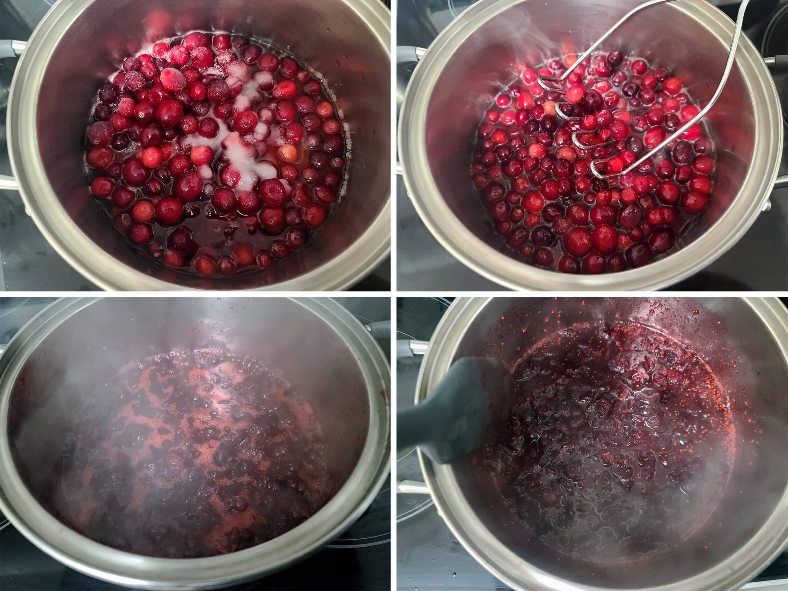 4 part image showing cranberries, sugar, and water being cooked down into a glaze.