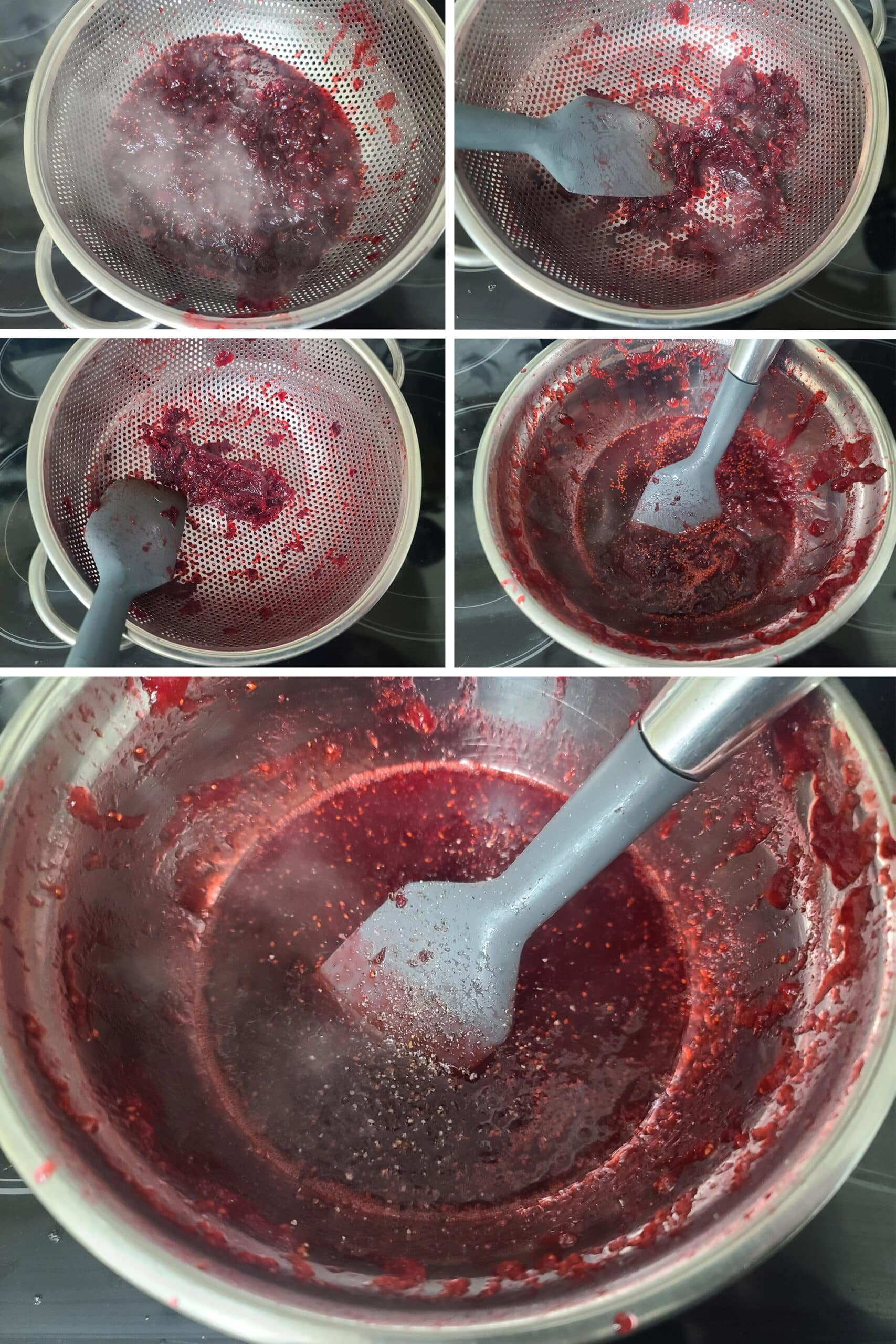 5 part image showing the cranberry sauce being pressed through a sieve.