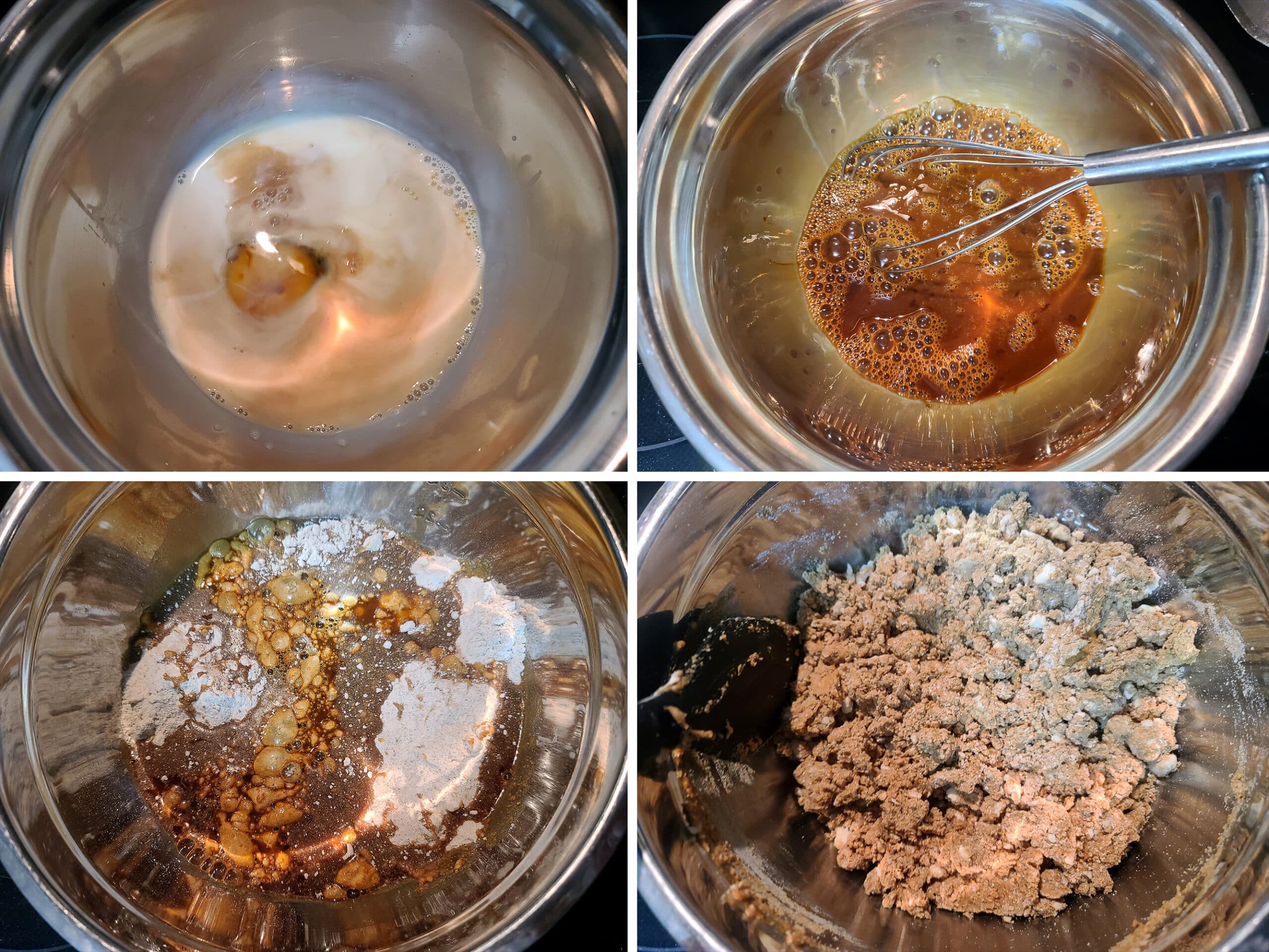 4 part image showing the wet ingredients being mixed together, then stirred into the dry ingredients.