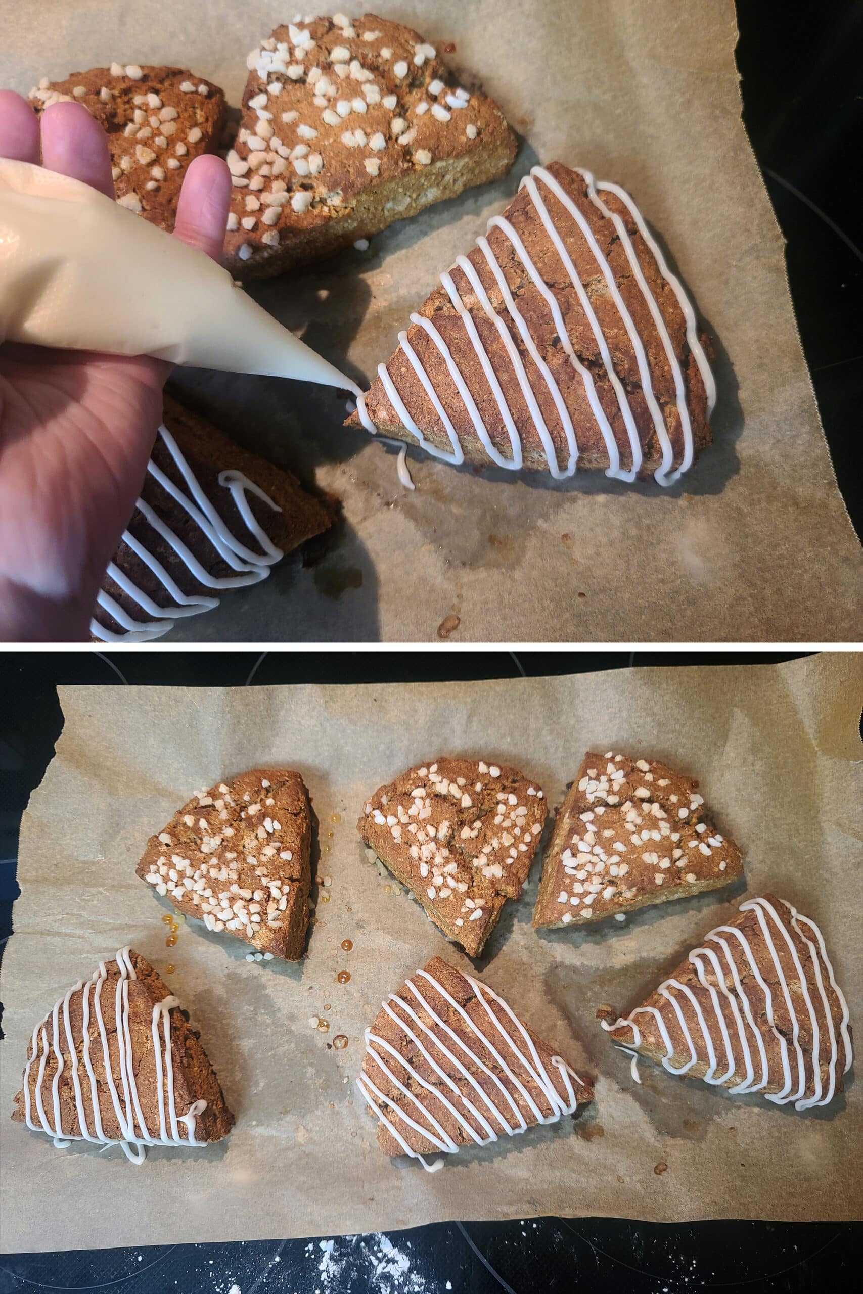2 part image showing vanilla glaze being drizzled over the gluten free scones.