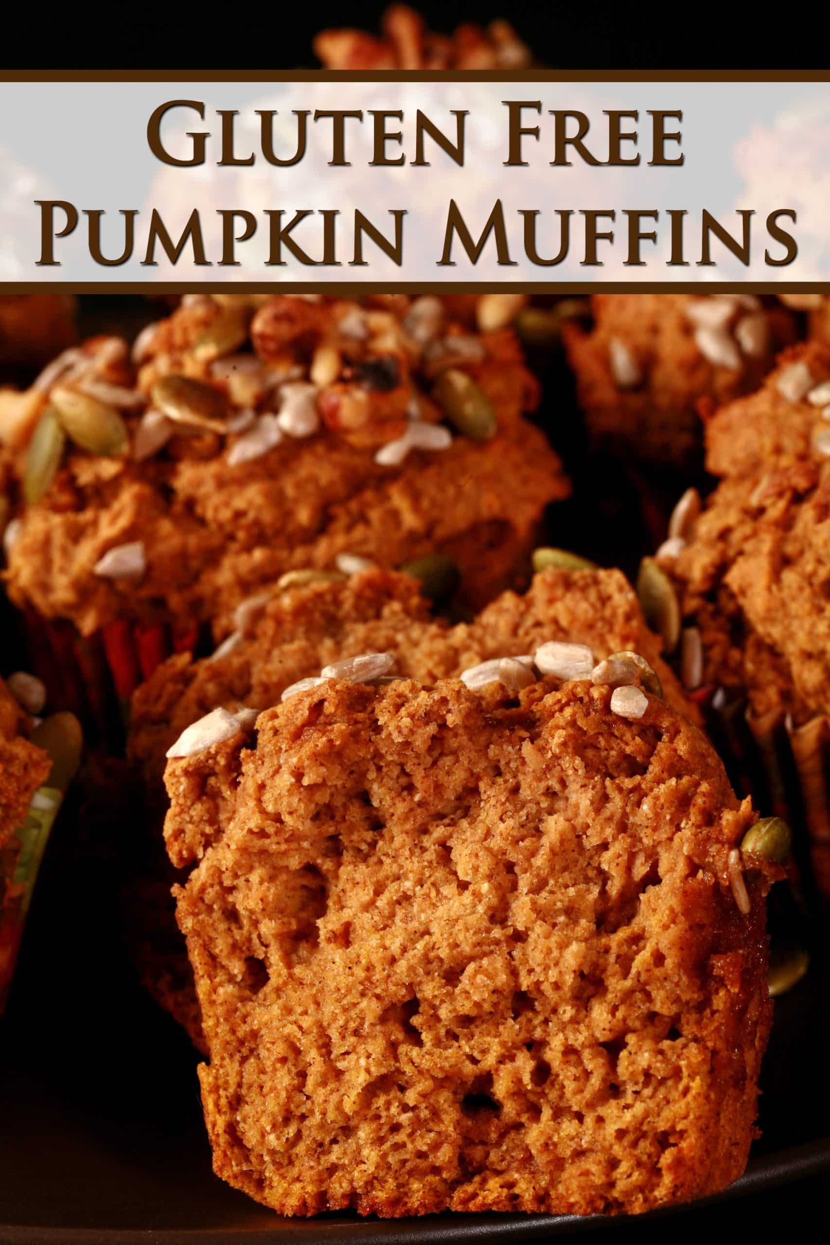 A plate of gluten-free pumpkin muffins, all topped with a mix of seeds and nuts.  Overlaid text says gluten free pumpkin muffins.