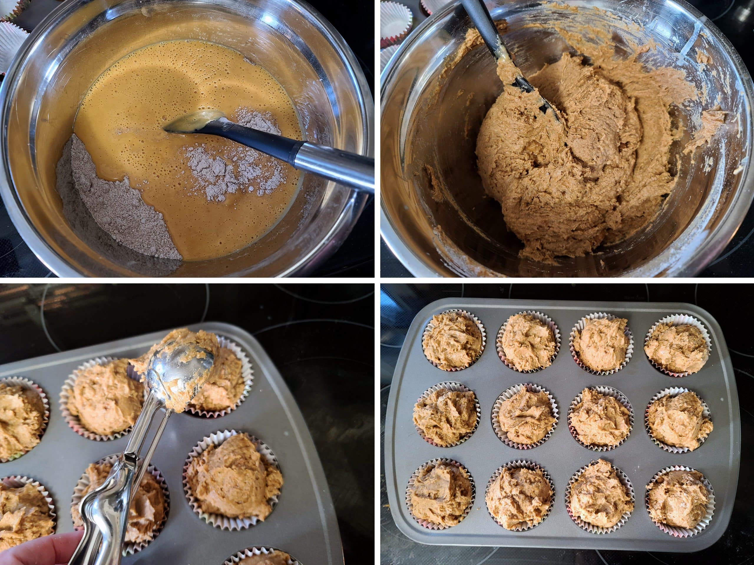 4 part image showing the wet ingredients being mixed into the bowl of dry ingredients, and the gluten free muffin batter being scooped into a muffin tin.