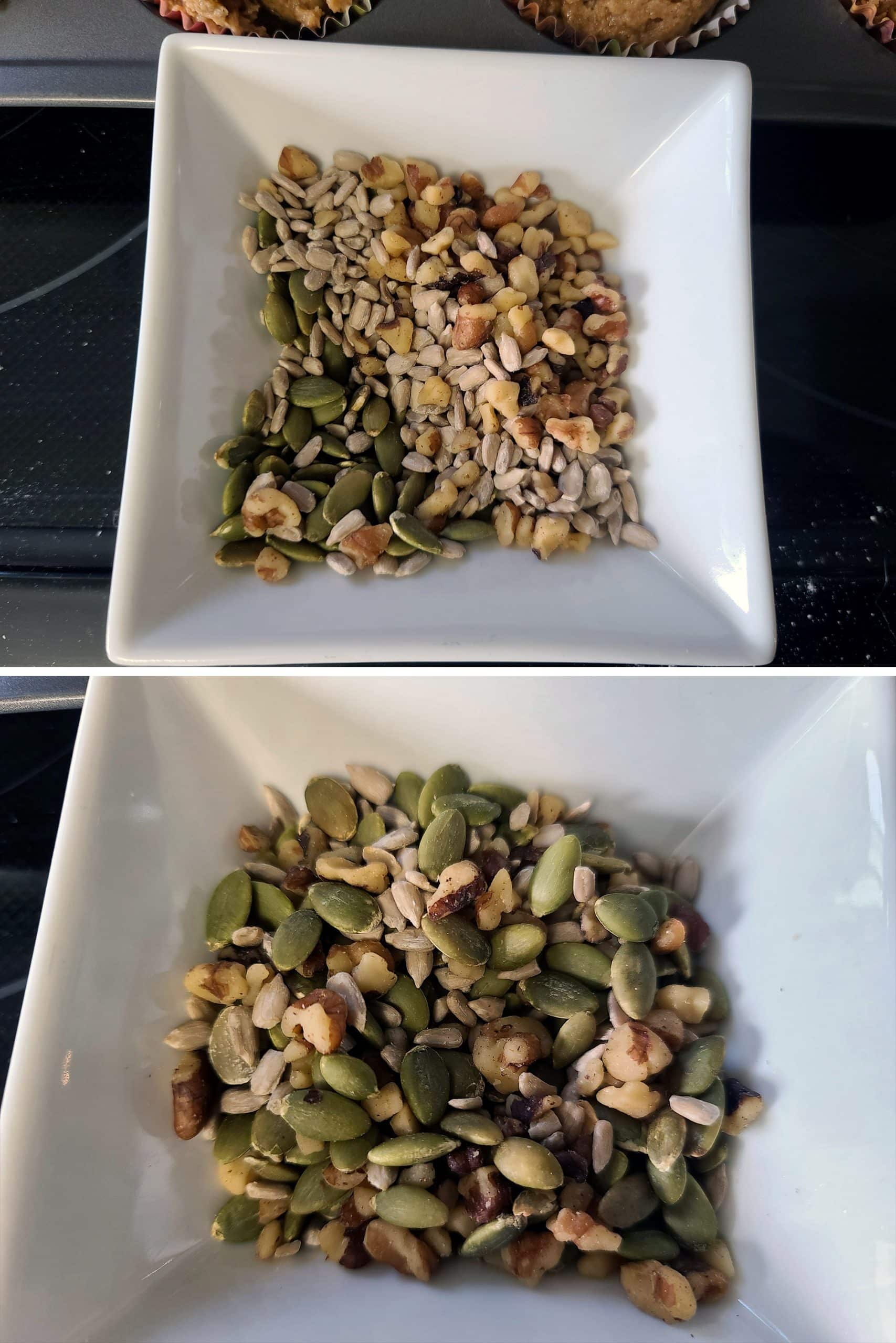 2 part image showing pepitas, walnuts, and sunflower seeds being mixed in a small bowl.