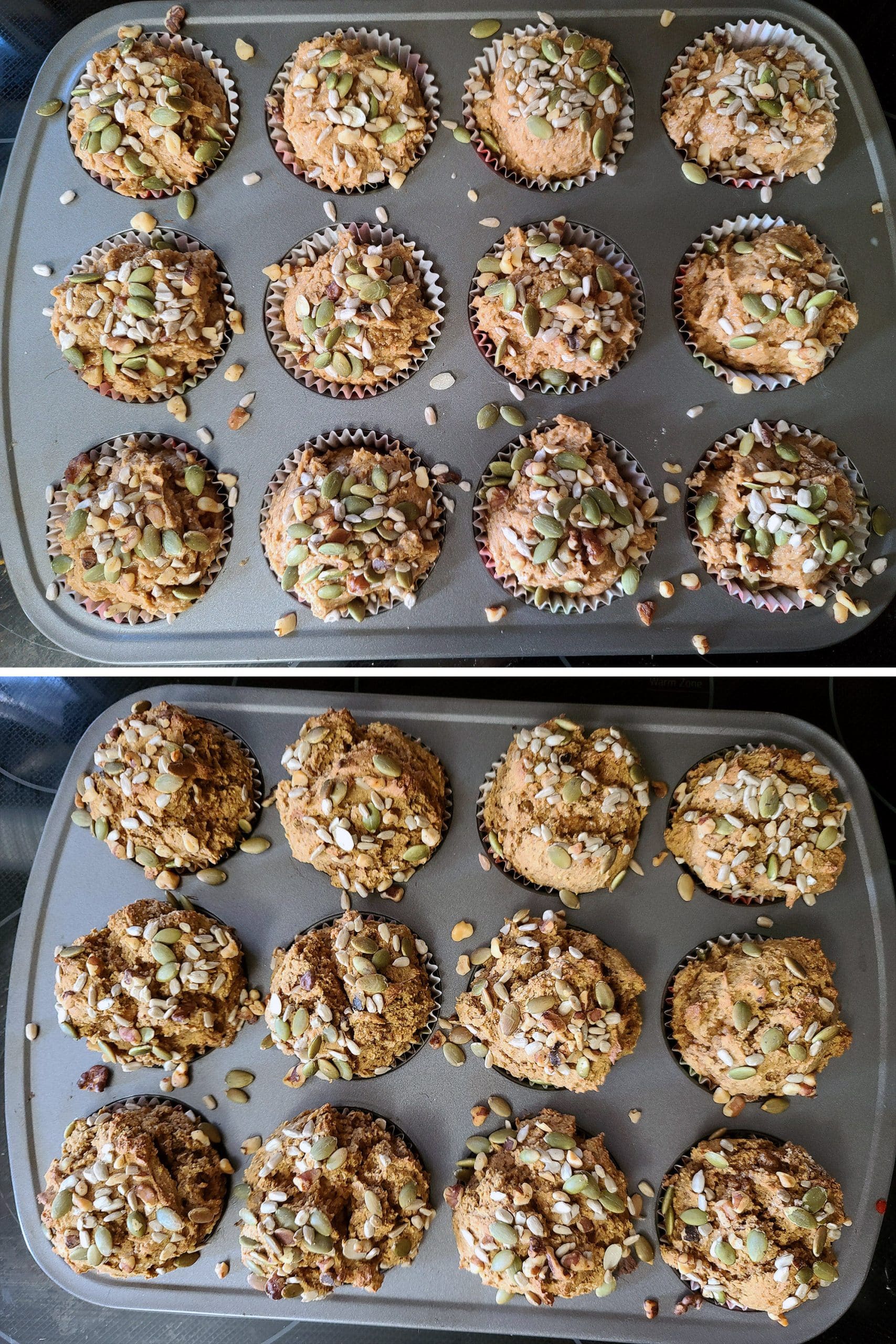 2 part image showing a pan of gluten free muffins before and after baking.