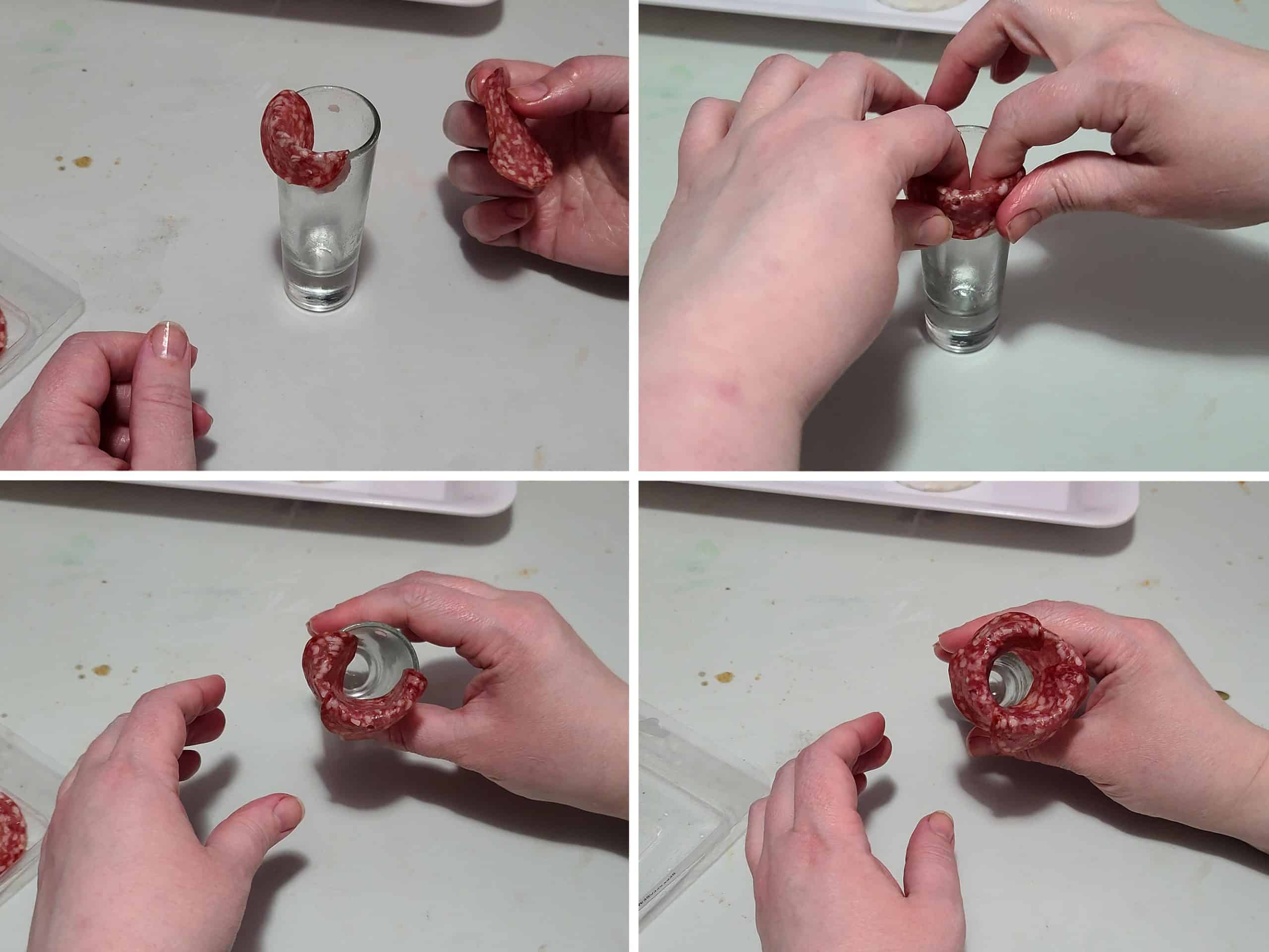 4 part image showing a small salami rose being made on a shot glass.