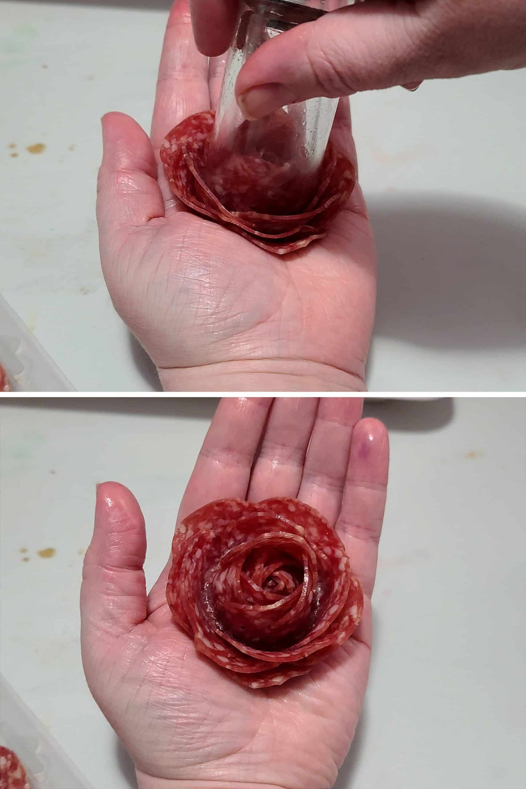 2 part image showing a salami rose being turned out into an open hand.