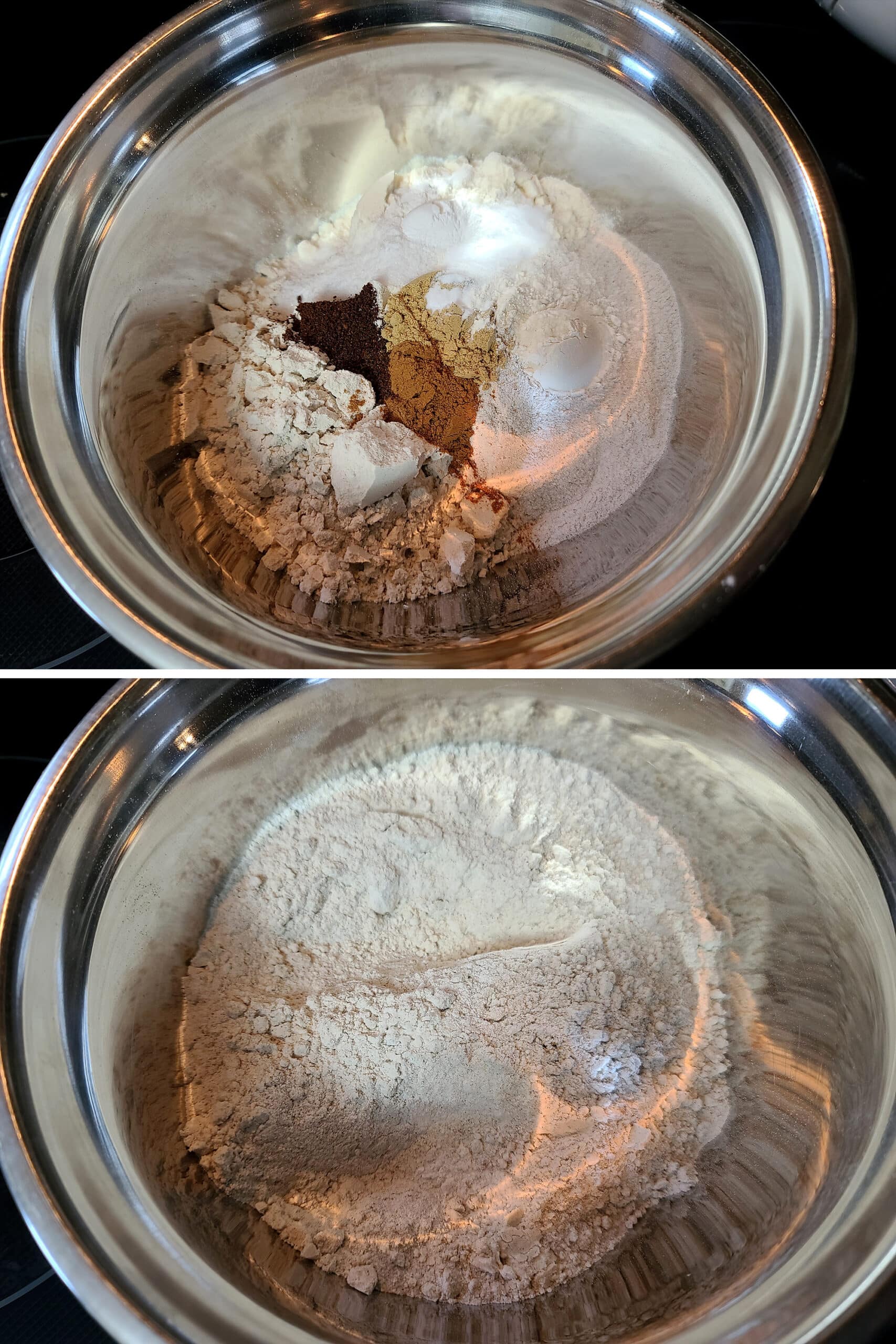 2 part image showing the dry ingredients being mixed.