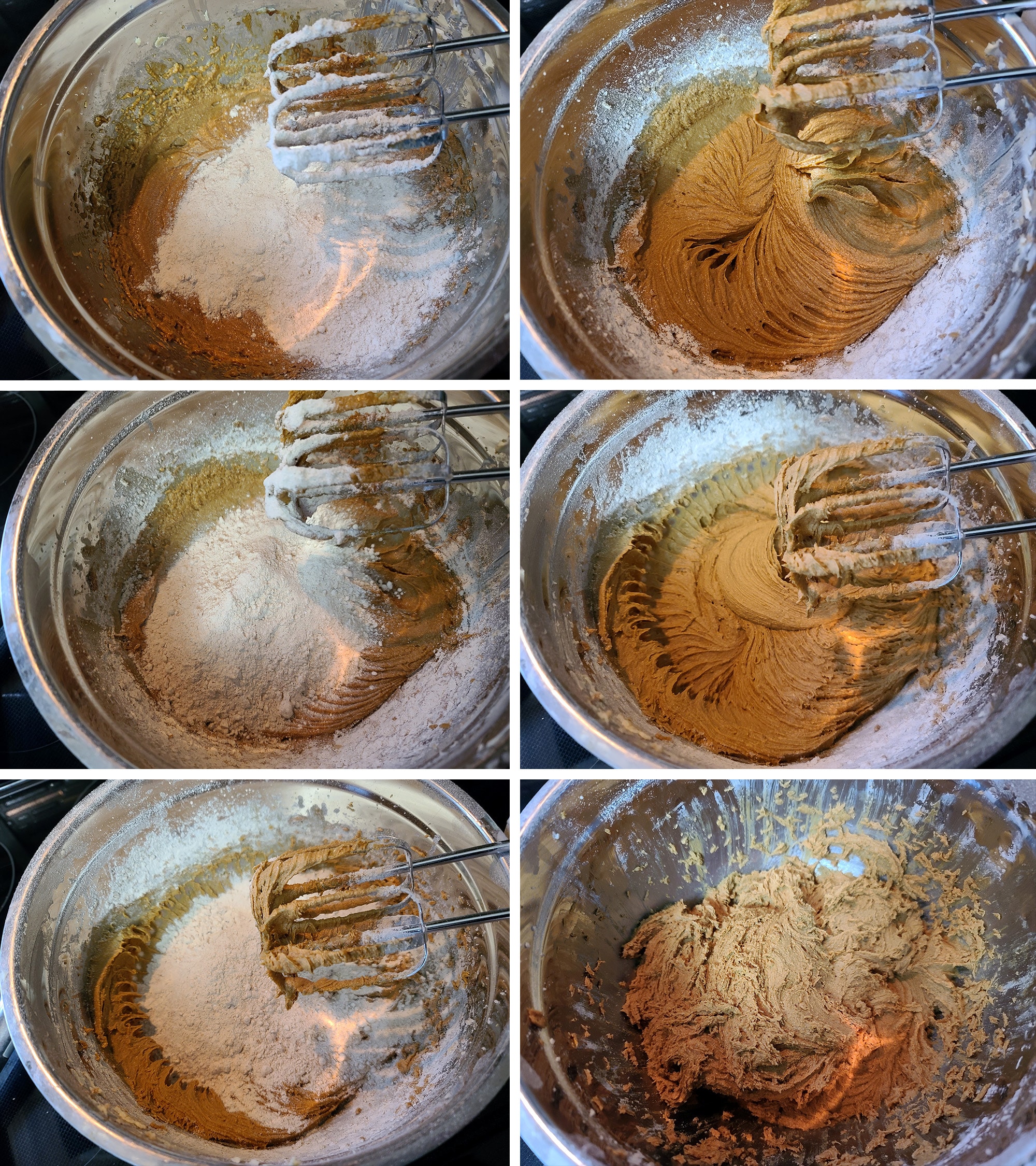 6 part image showing the dry ingredients being mixed into the wet ingredients in stages.