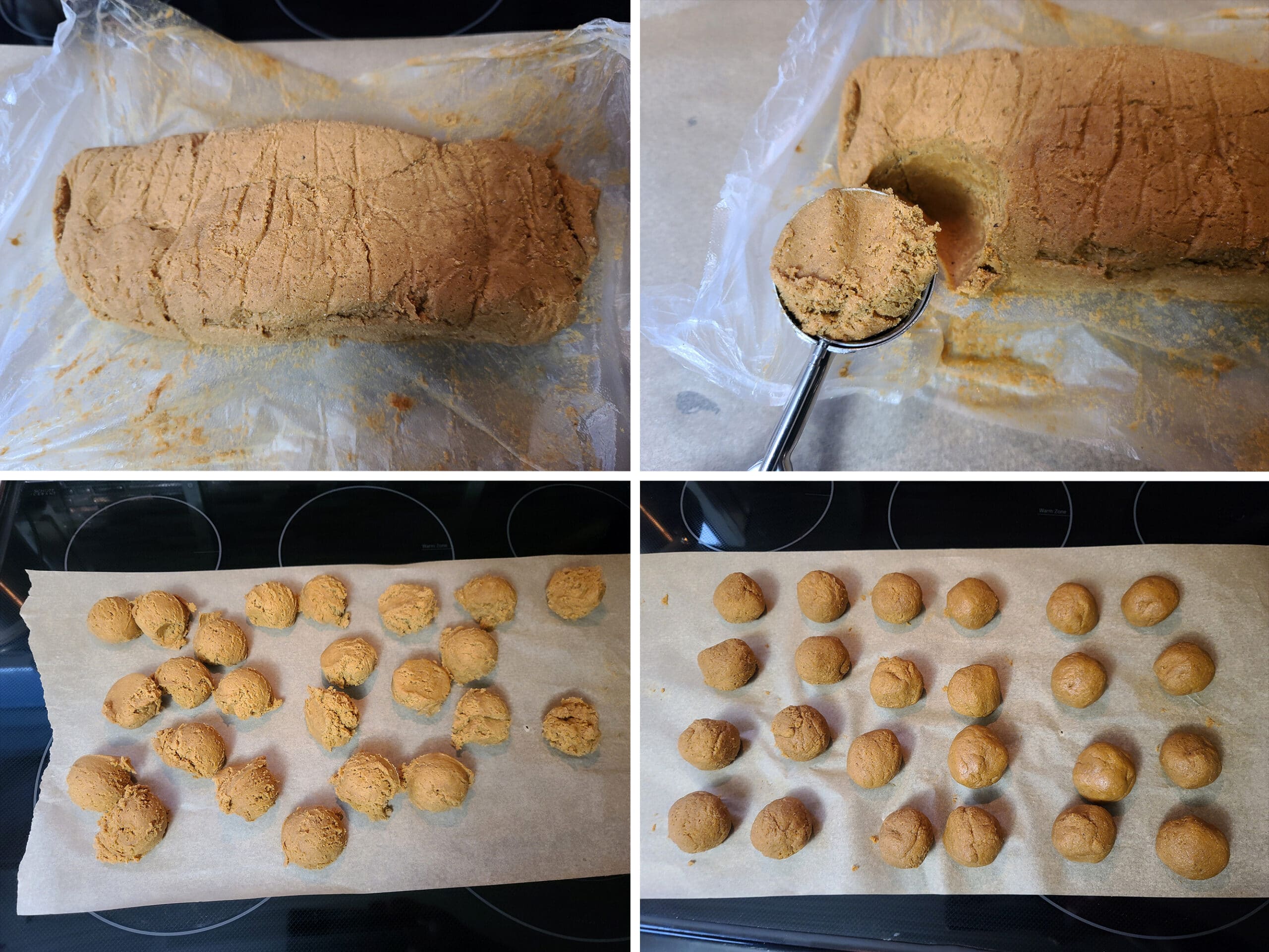 4 part image showing an ice cream scoop portioning out the gluten free cookie batter, then the batter being rolled into balls.