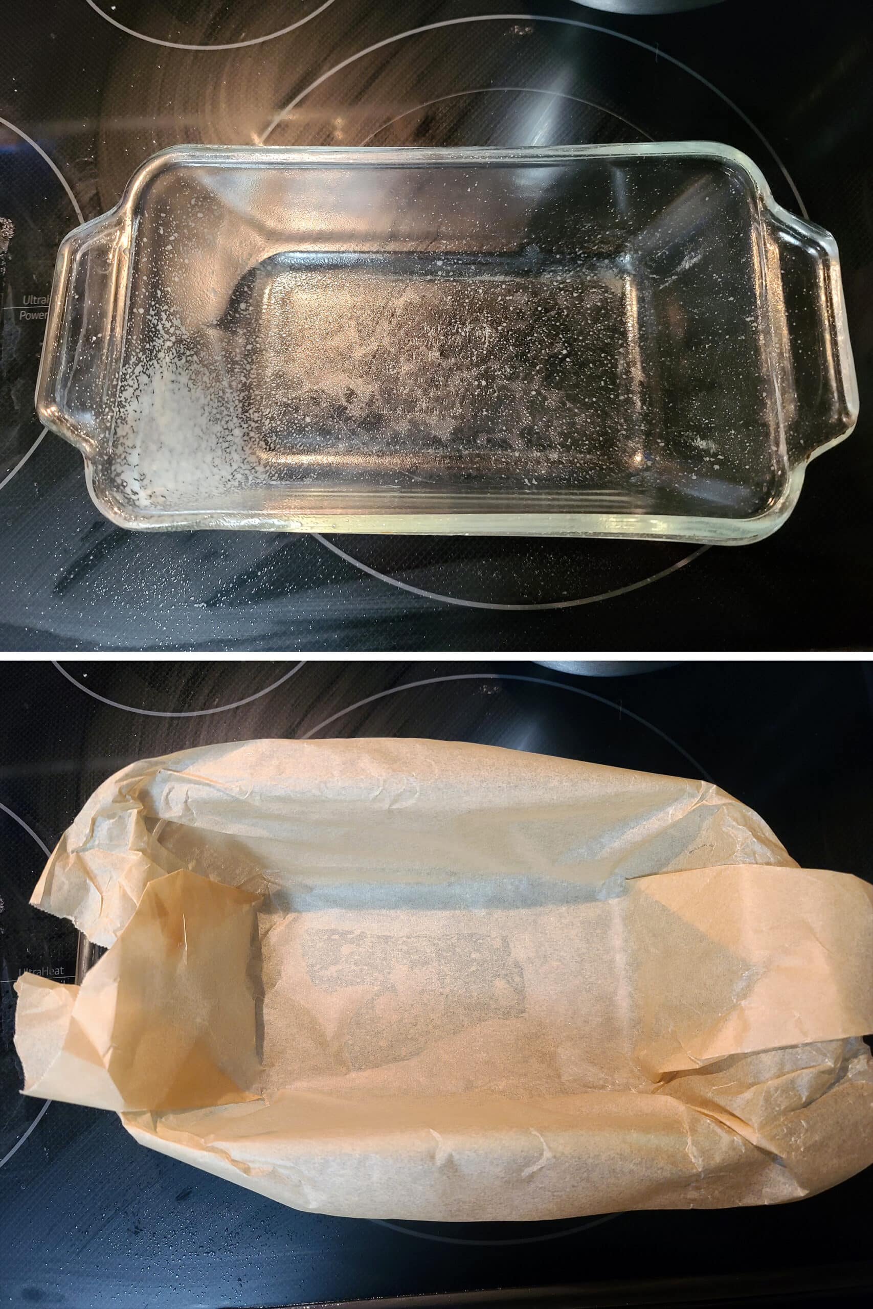 2 part image showing a loaf pan sprayed with baking spray and lined with parchment paper.