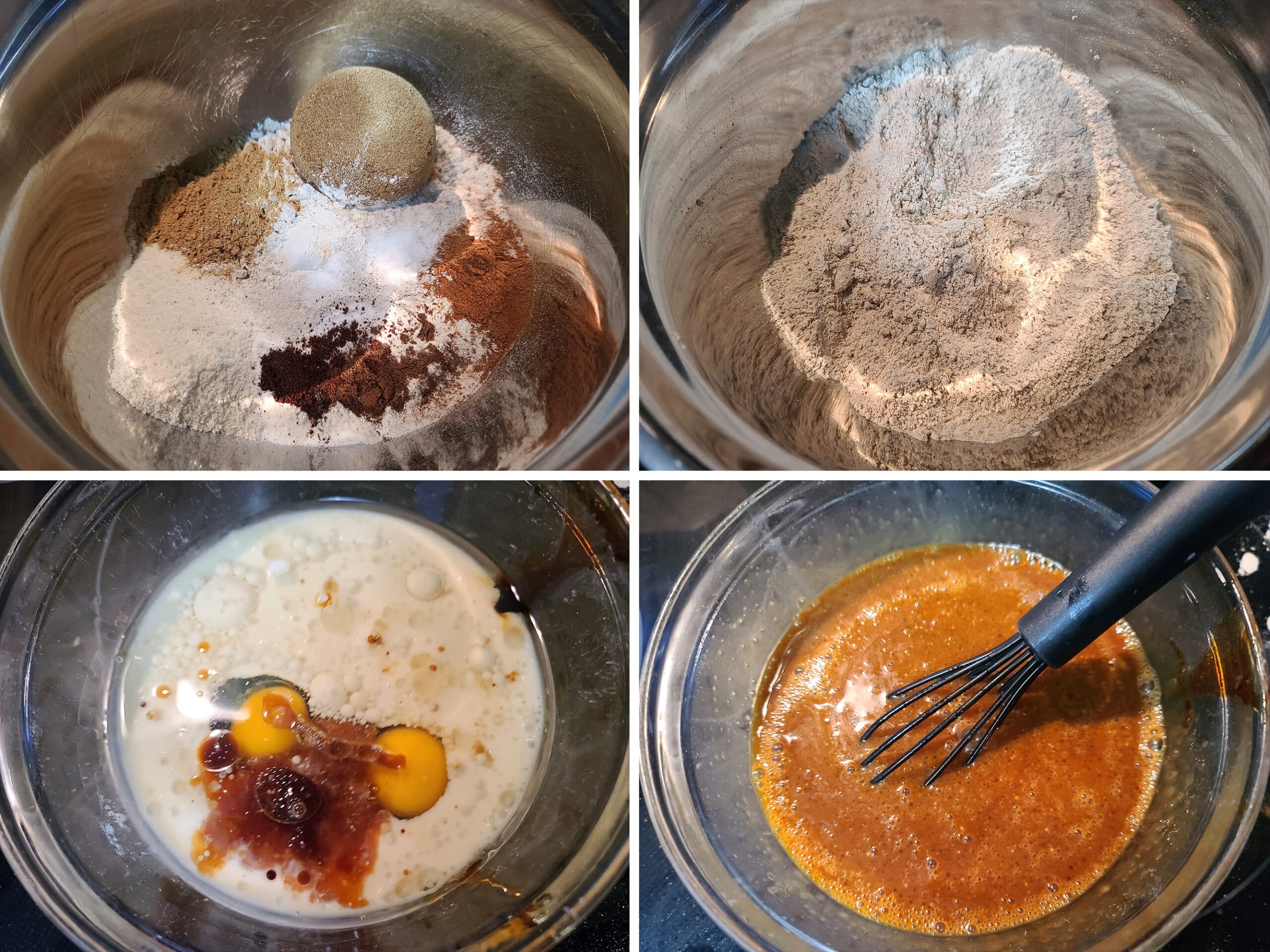 4 part image showing the dry ingredients mixed in one bowl, and the wet ingredients being mixed in a separate bowl.